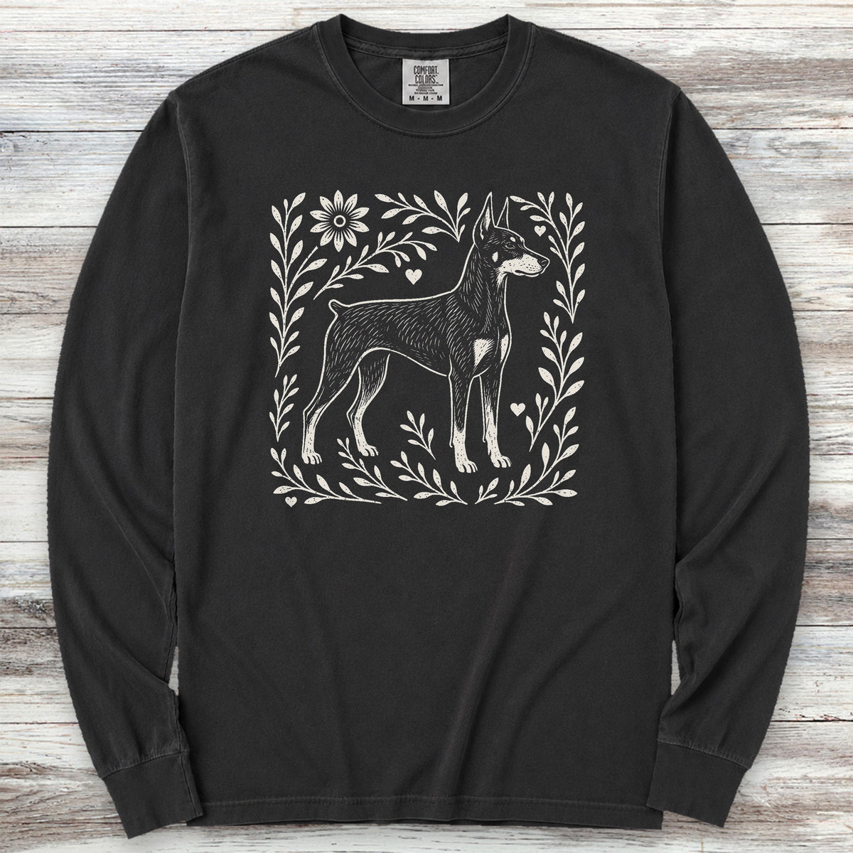 Doberman Linocut Long Sleeve Tee - Black