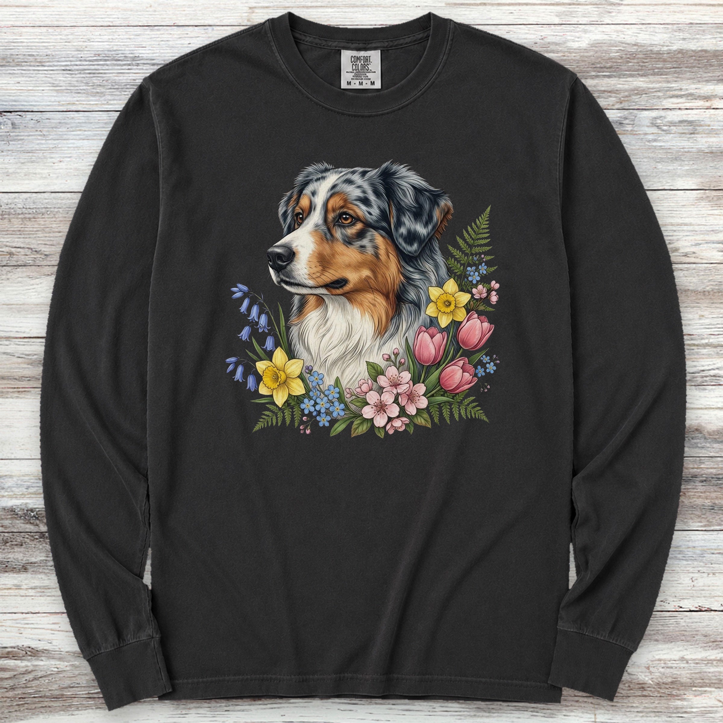 Australian Shepherd Spring Portrait Long Sleeve Tee - Black
