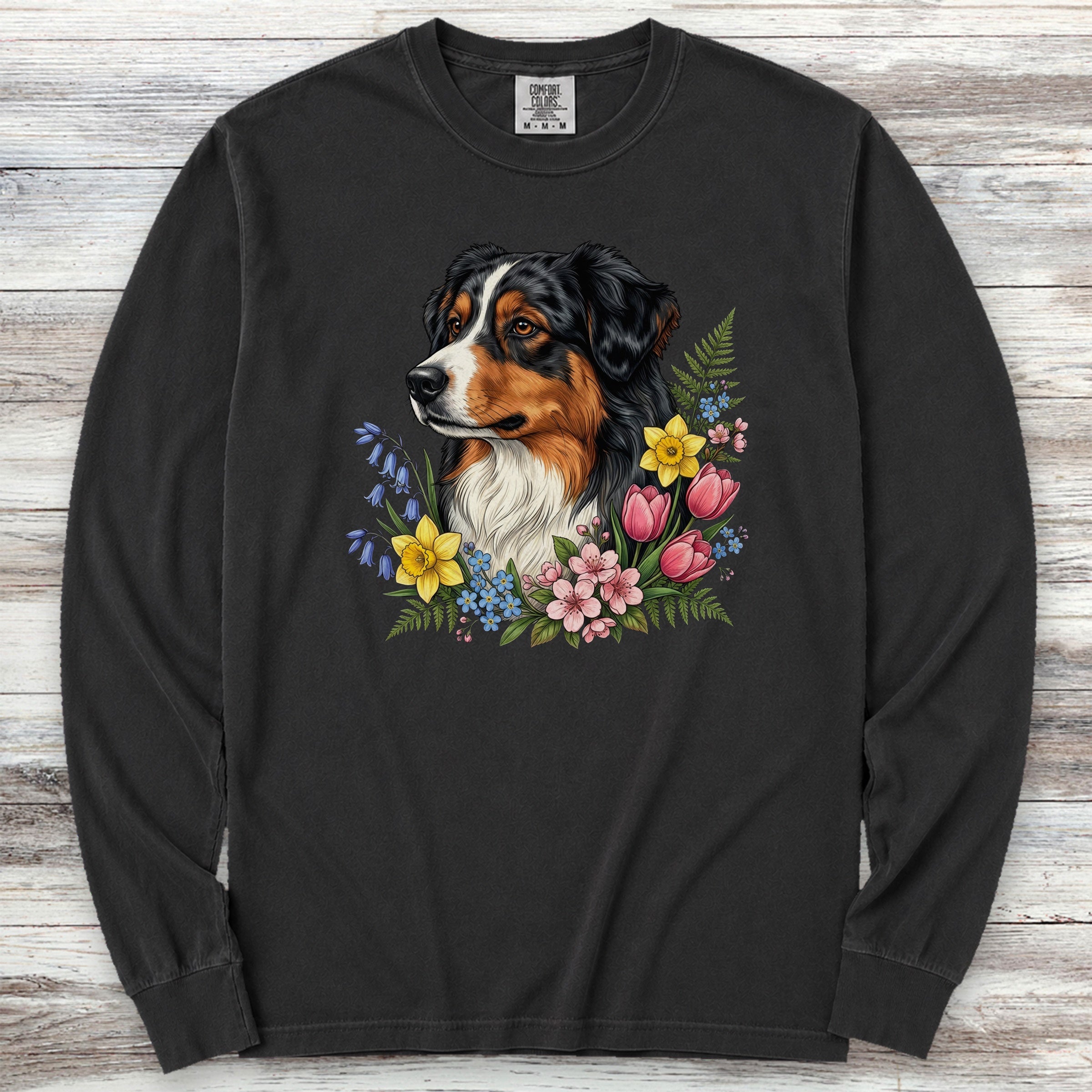 Australian Shepherd Tri Portrait Long Sleeve Tee - Black