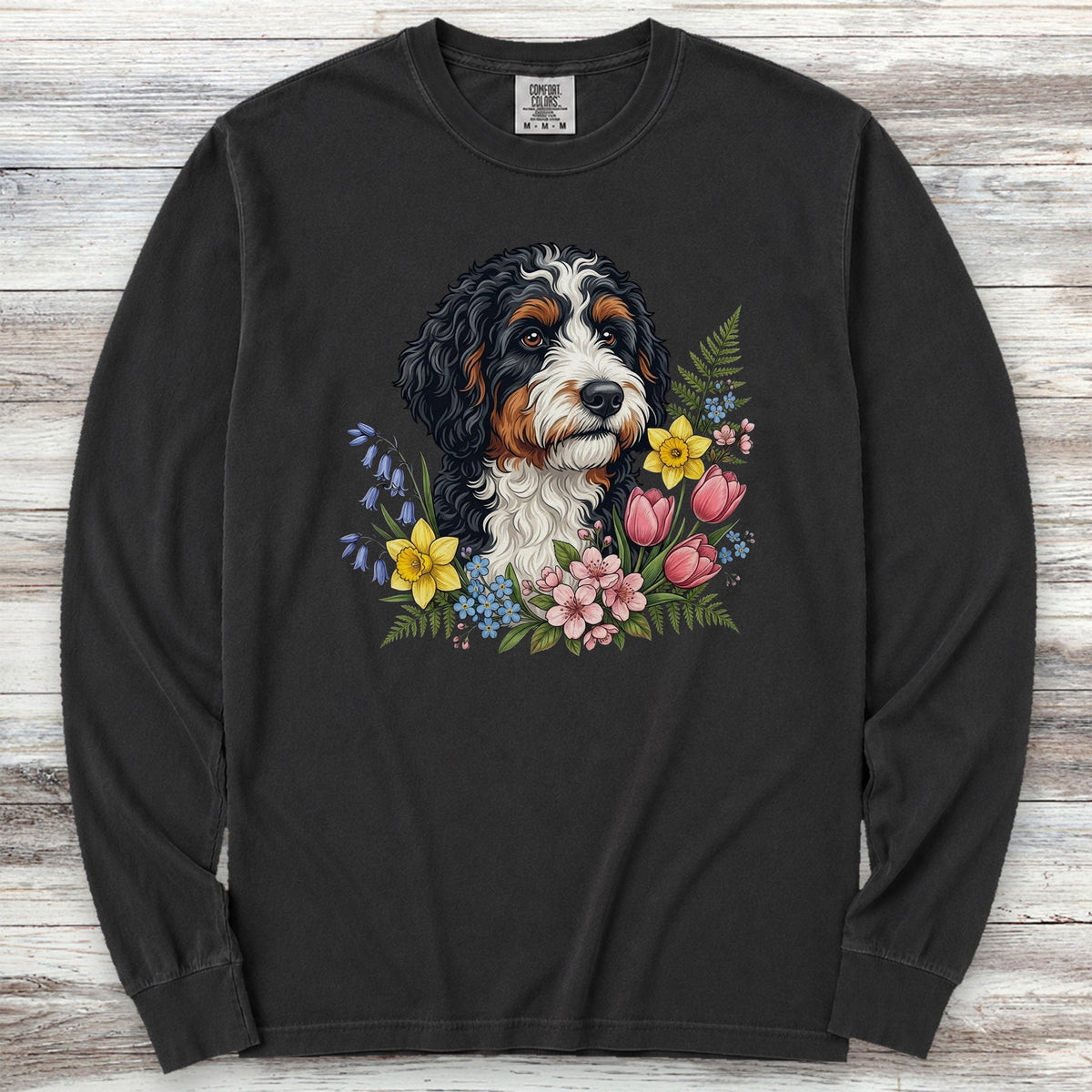 Bernedoodle Spring Portrait Long Sleeve Tee - Black