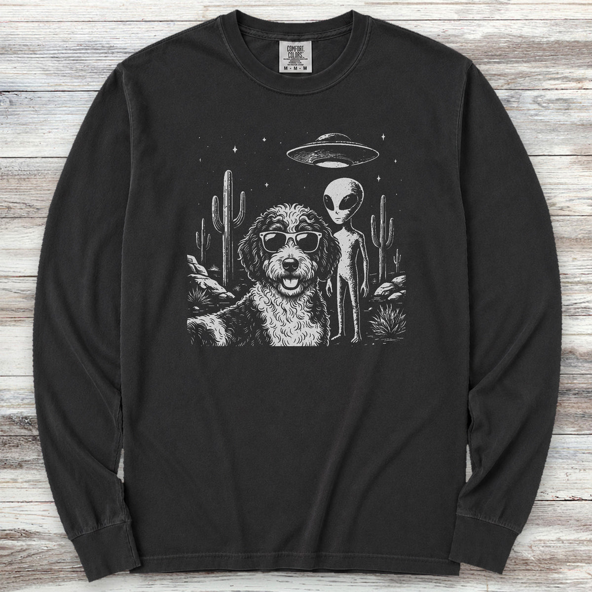 Bernedoodle Alien Selfie Long Sleeve Tee - Black