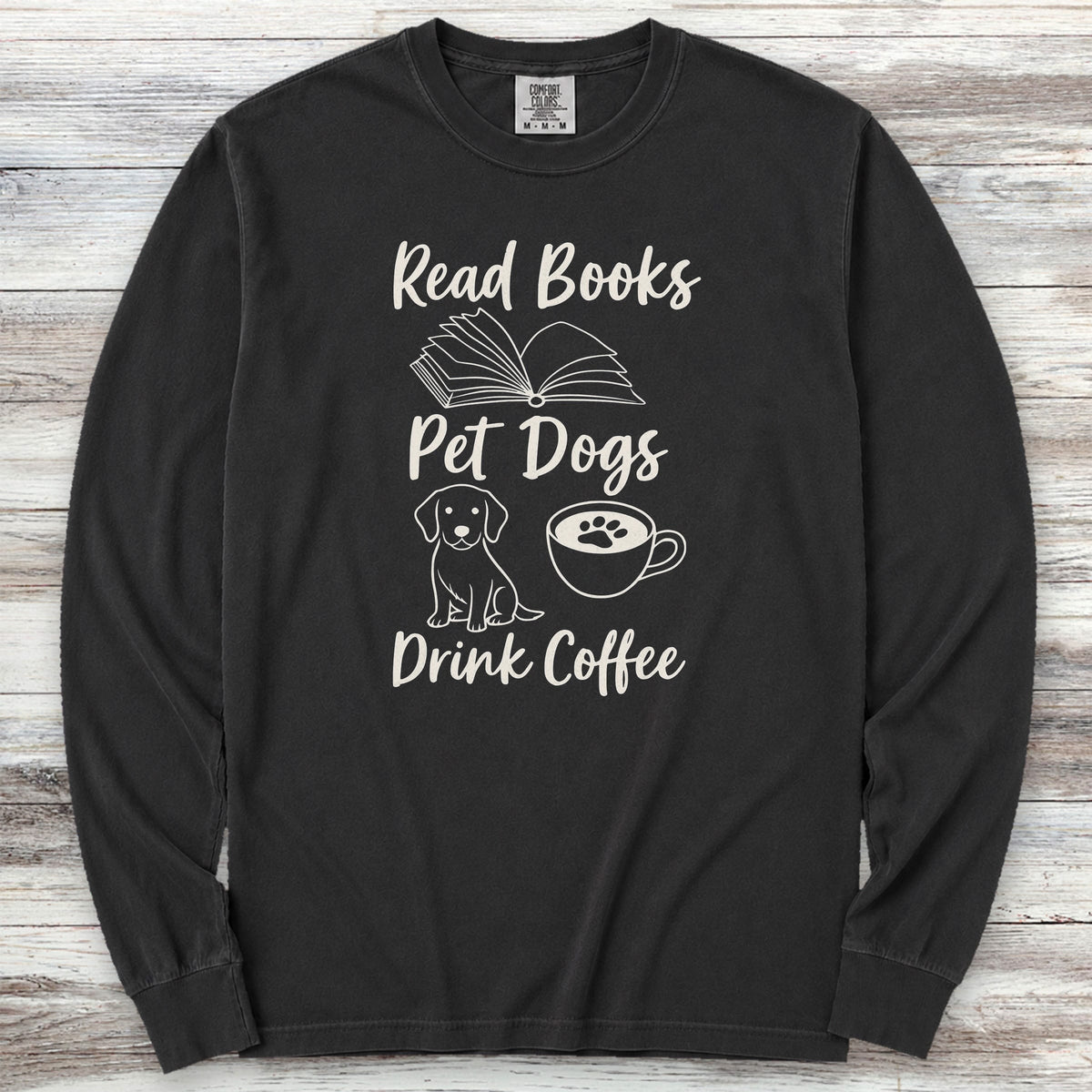 Books Dogs Coffee Long Sleeve Tee - Black