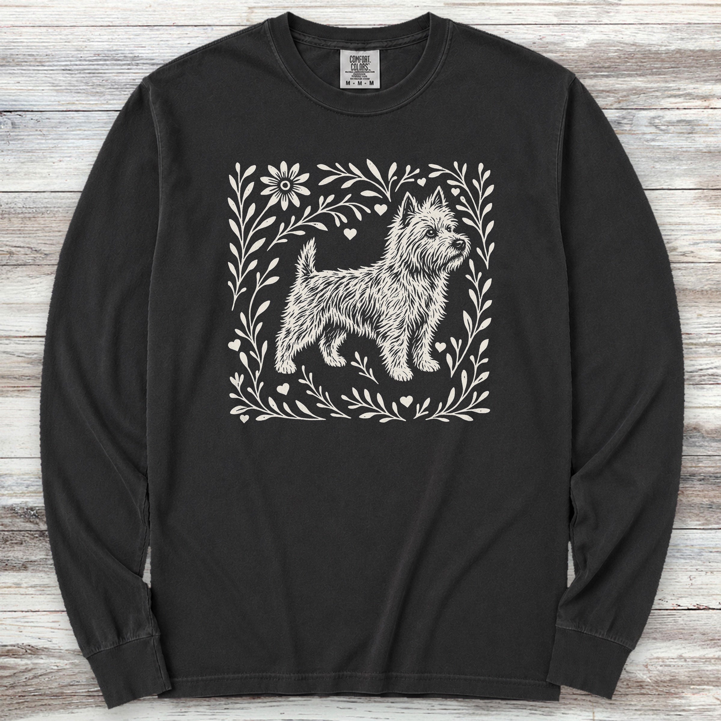 Cairn Terrier Linocut Long Sleeve Tee - Black
