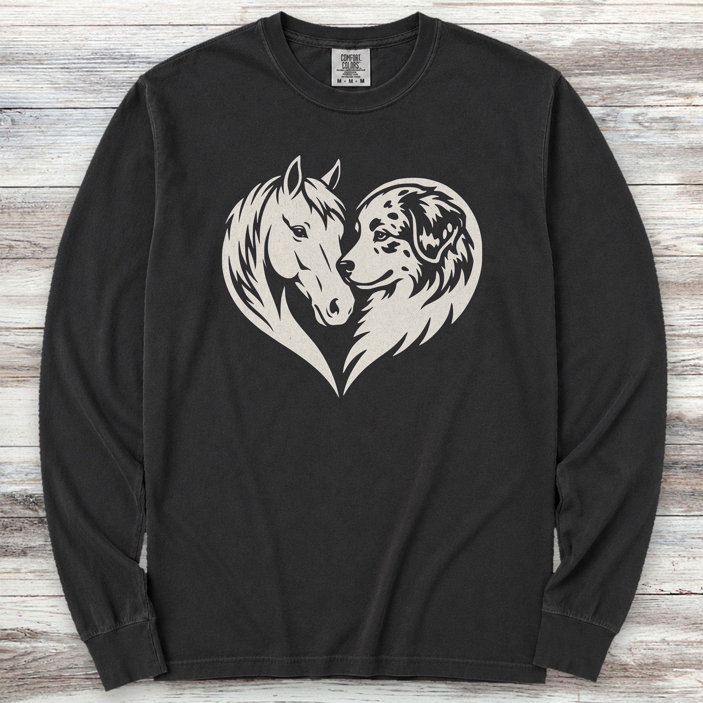 Australian Shepherd Horse Heart Bond Long Sleeve Tee - Black