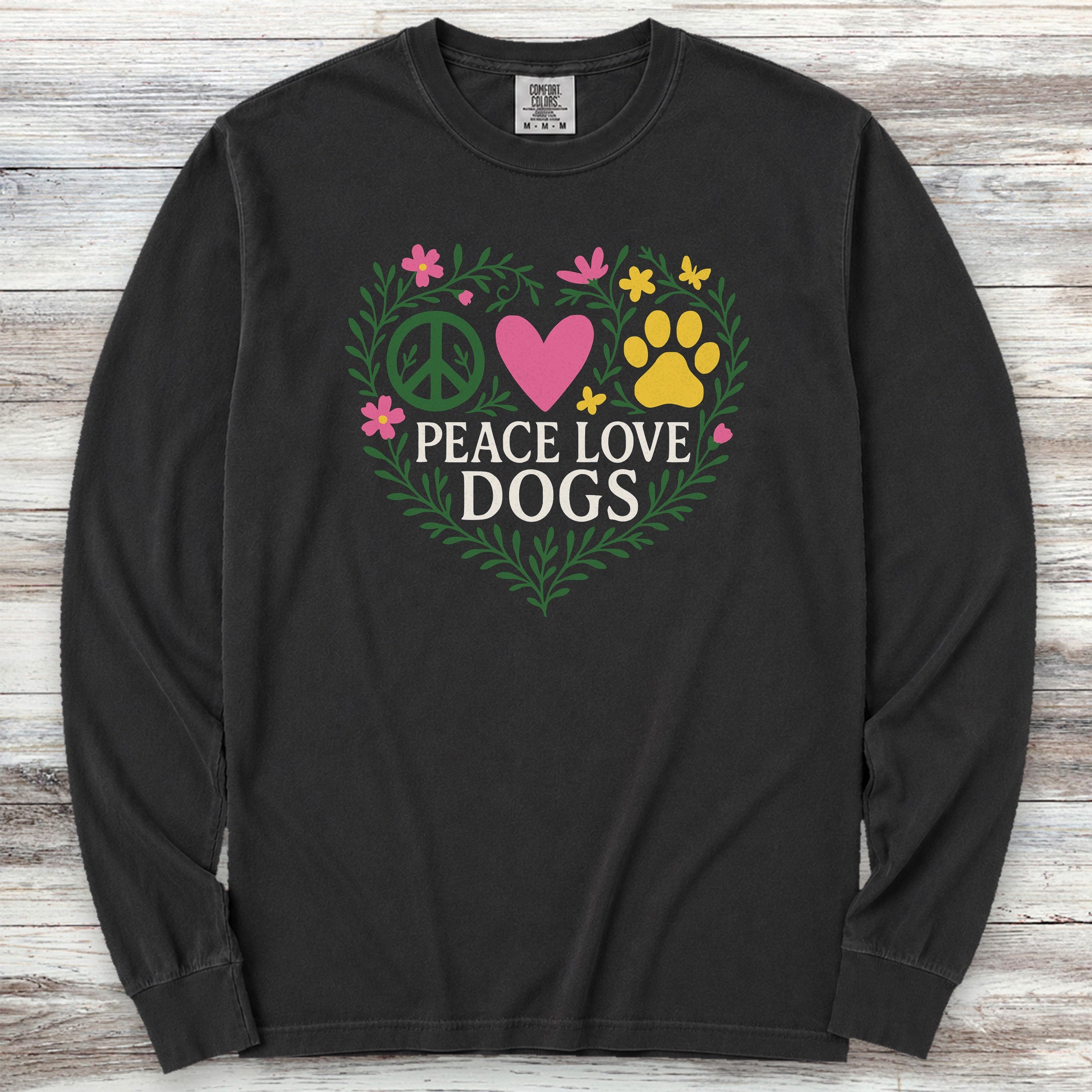 Peace Love Dogs Floral Long Sleeve Tee - Black