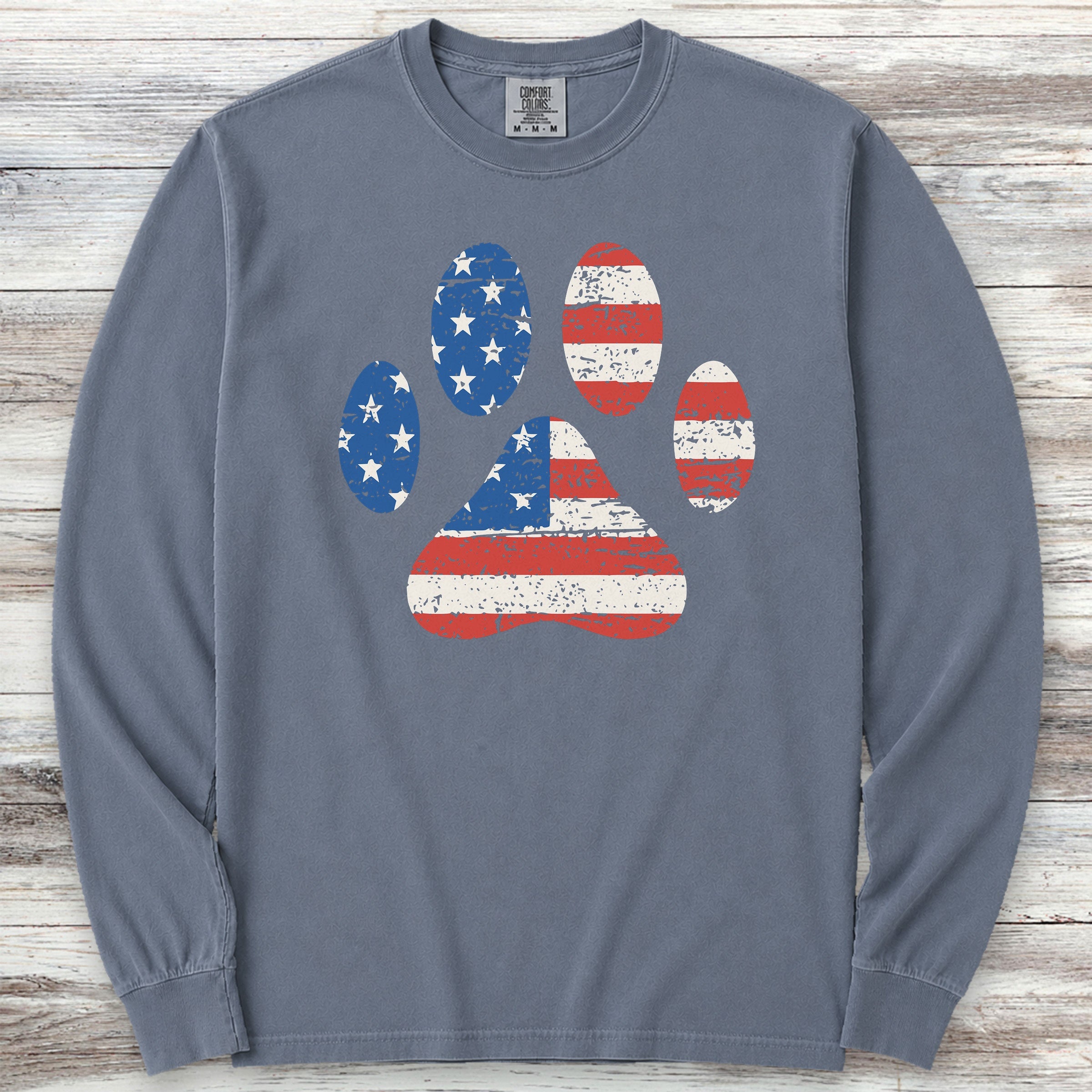Stars & Stripes Paw Print Long Sleeve Tee - Blue Jean