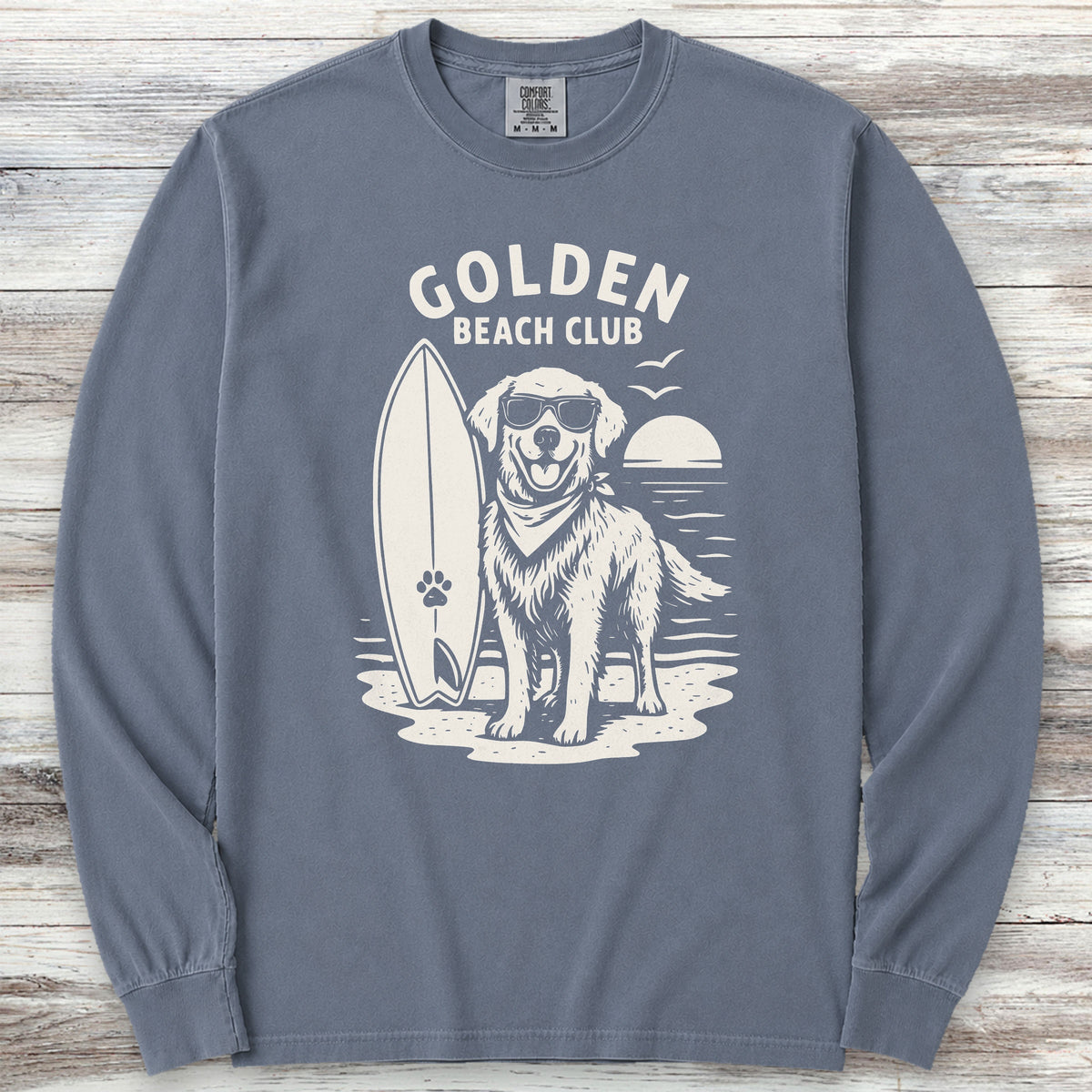Golden Retriever Beach Club Long Sleeve Tee - Blue Jean