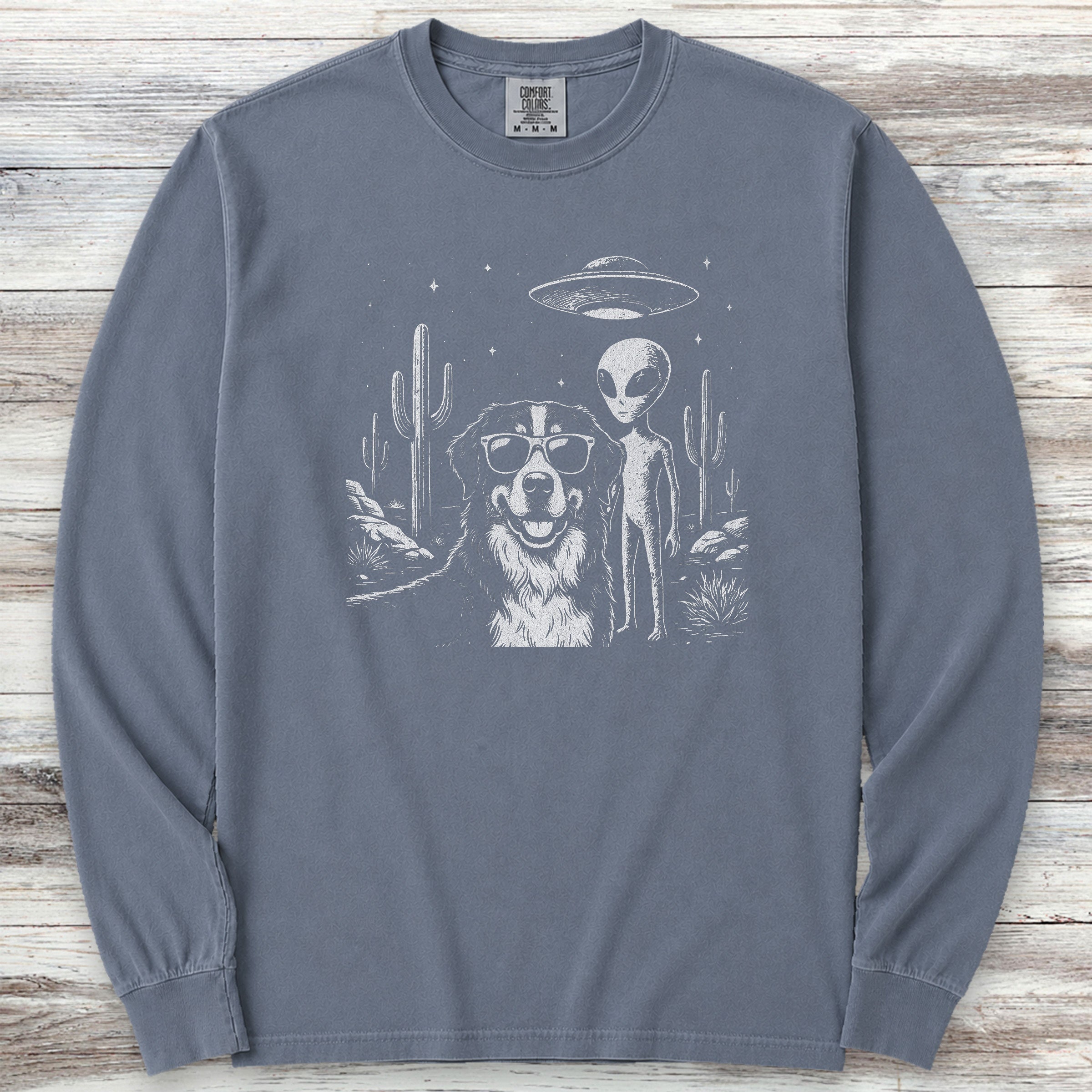 Bernese Mountain Dog Alien Selfie Long Sleeve Tee - Blue Jean