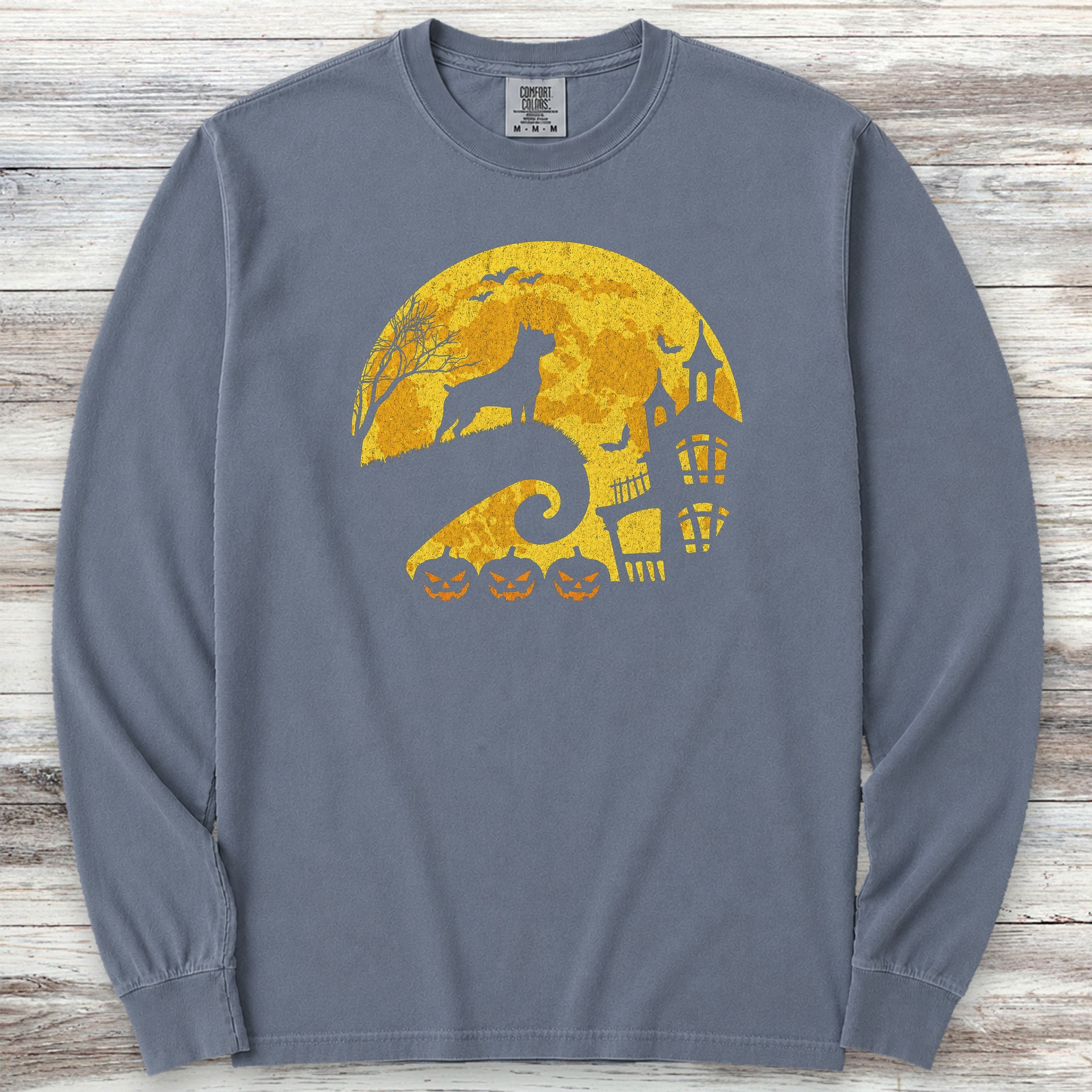 Cane Corso Halloween Moon Long Sleeve Tee - Blue Jean