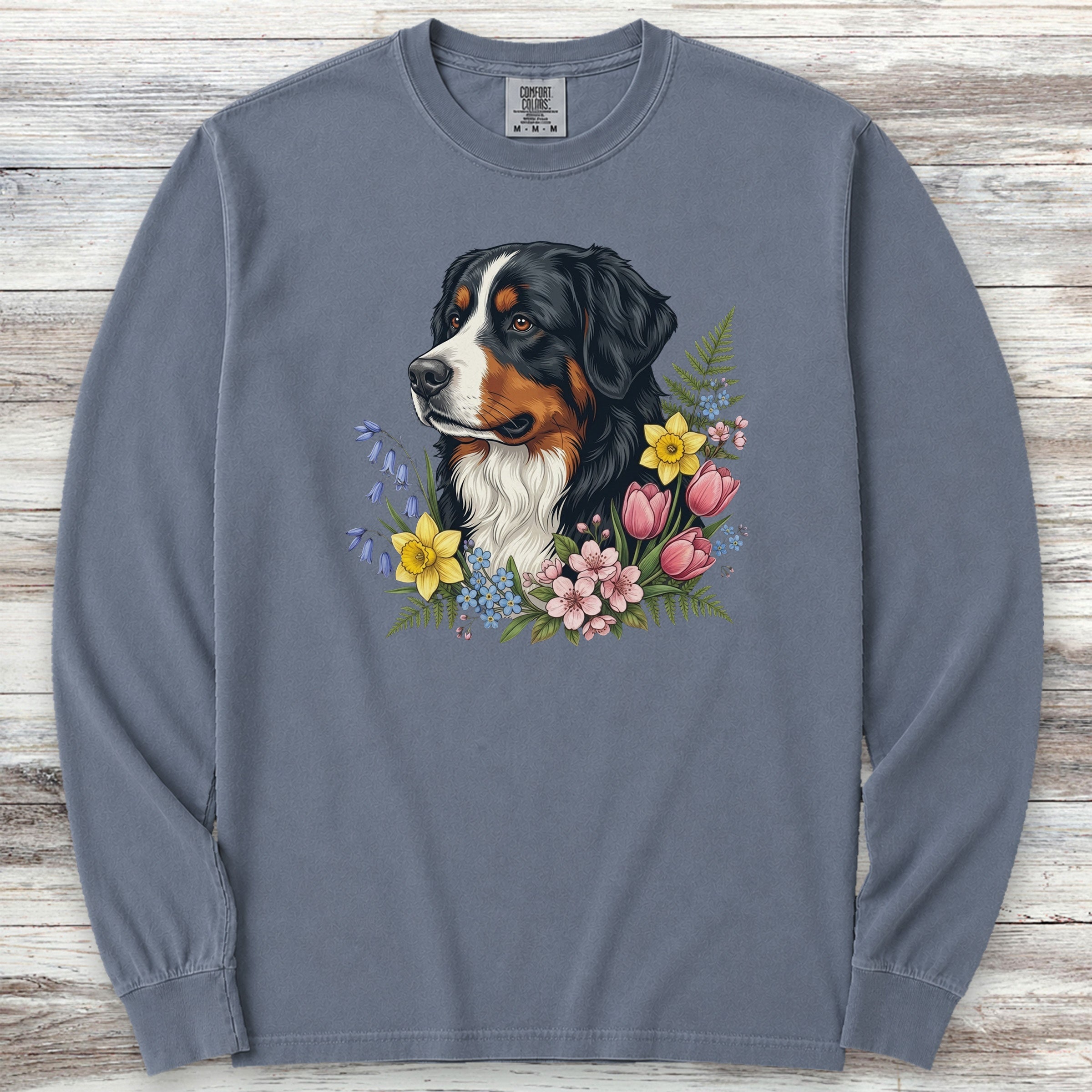 Bernese Mountain Dog Spring Portrait Long Sleeve Tee - Blue Jean