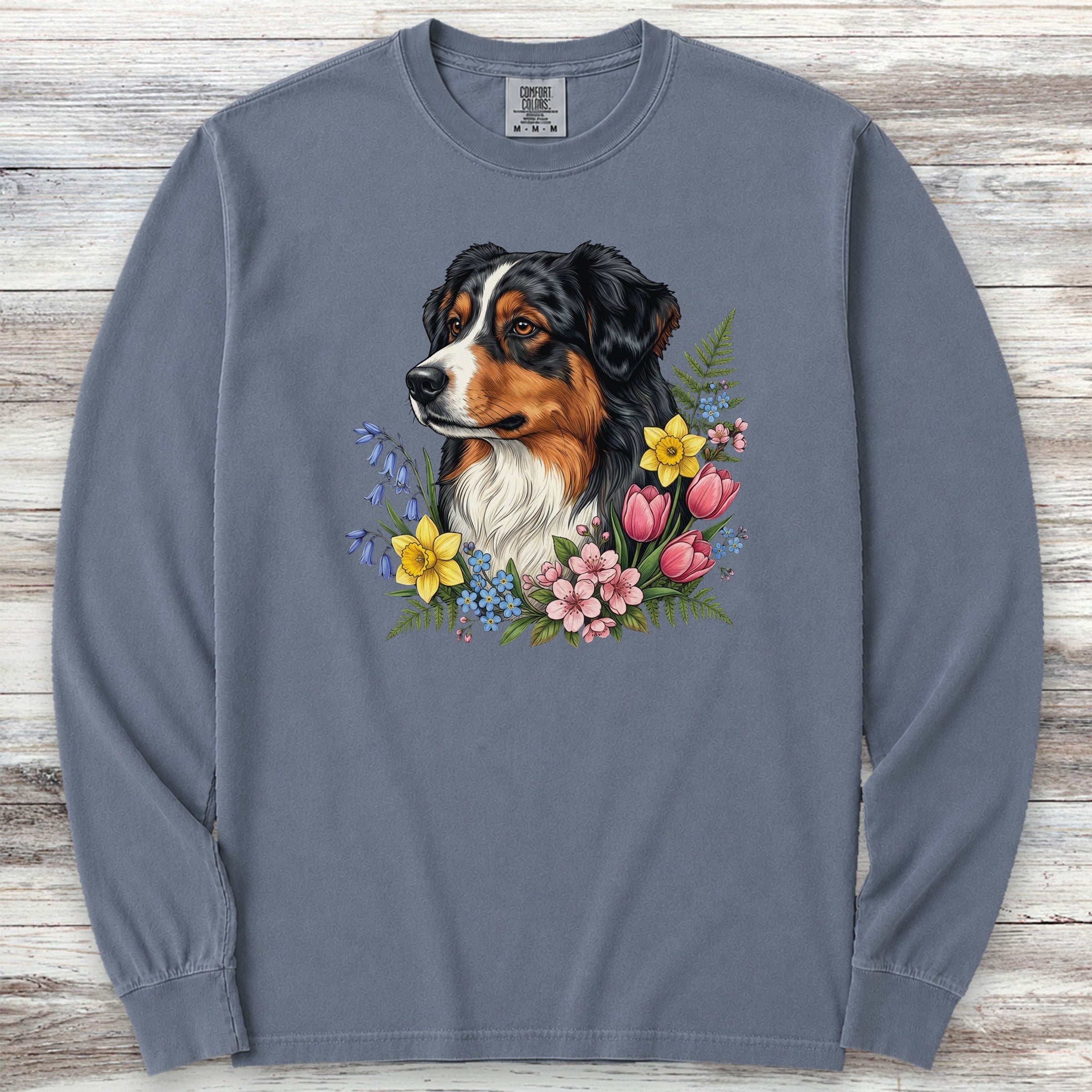 Australian Shepherd Tri Portrait Long Sleeve Tee - Blue Jean