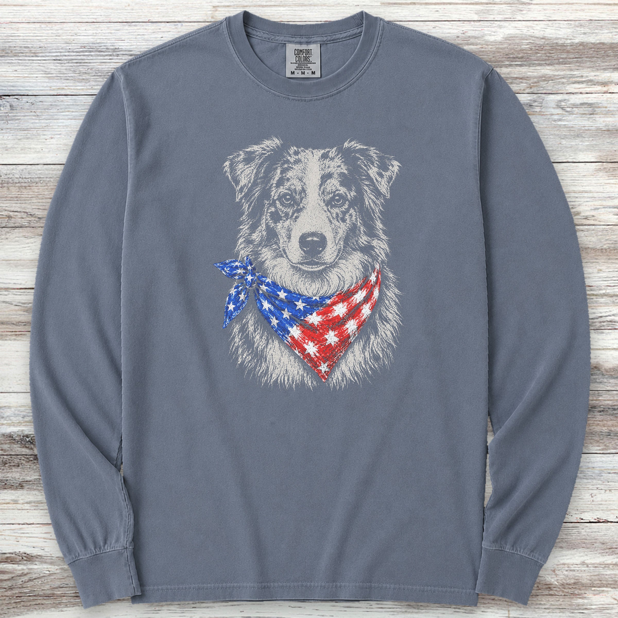 Australian Shepherd Merle Patriot Long Sleeve Tee - Blue Jean