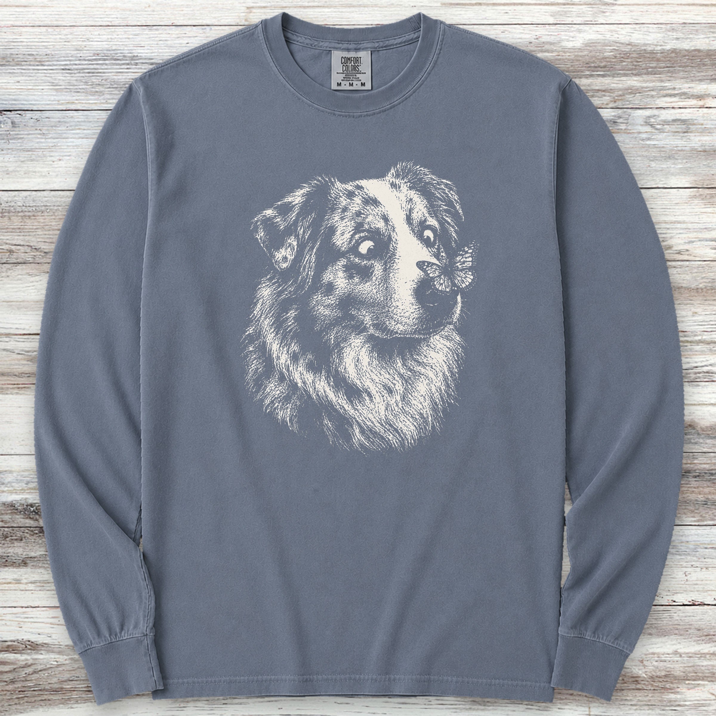 Australian Shepherd Butterfly Long Sleeve Tee - Blue Jean