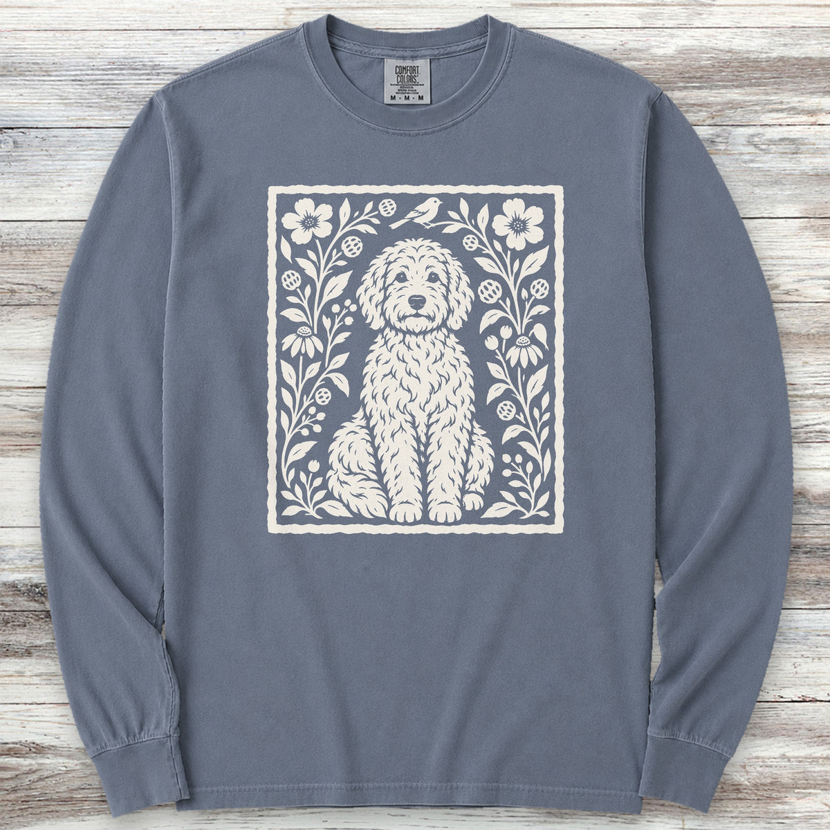 Doodle Folk Art Floral Long Sleeve Tee - Blue Jean