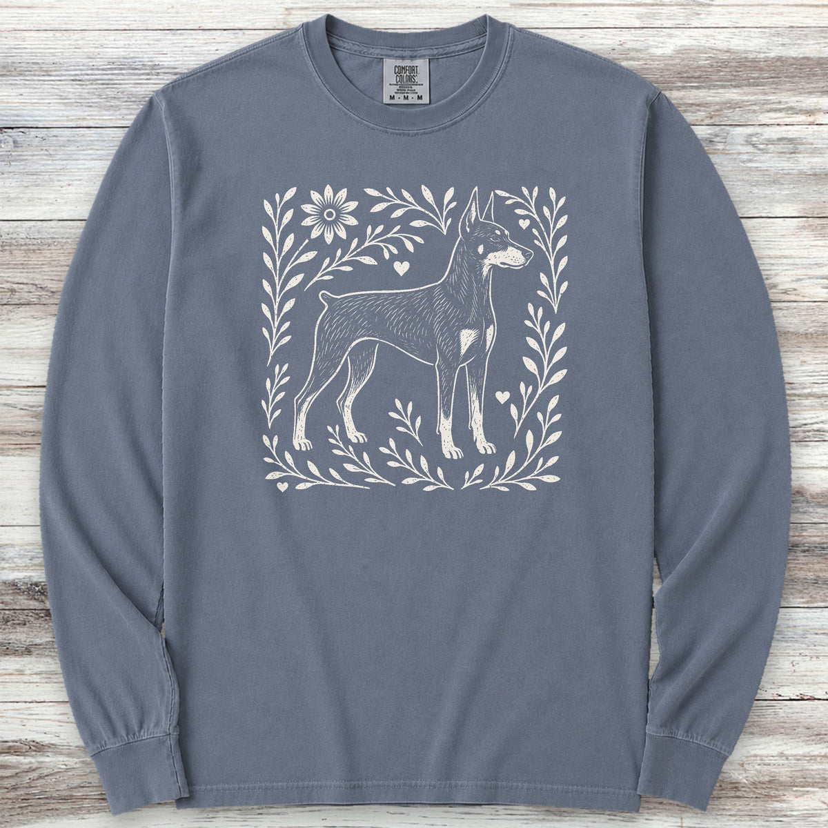 Doberman Linocut Long Sleeve Tee - Blue Jean