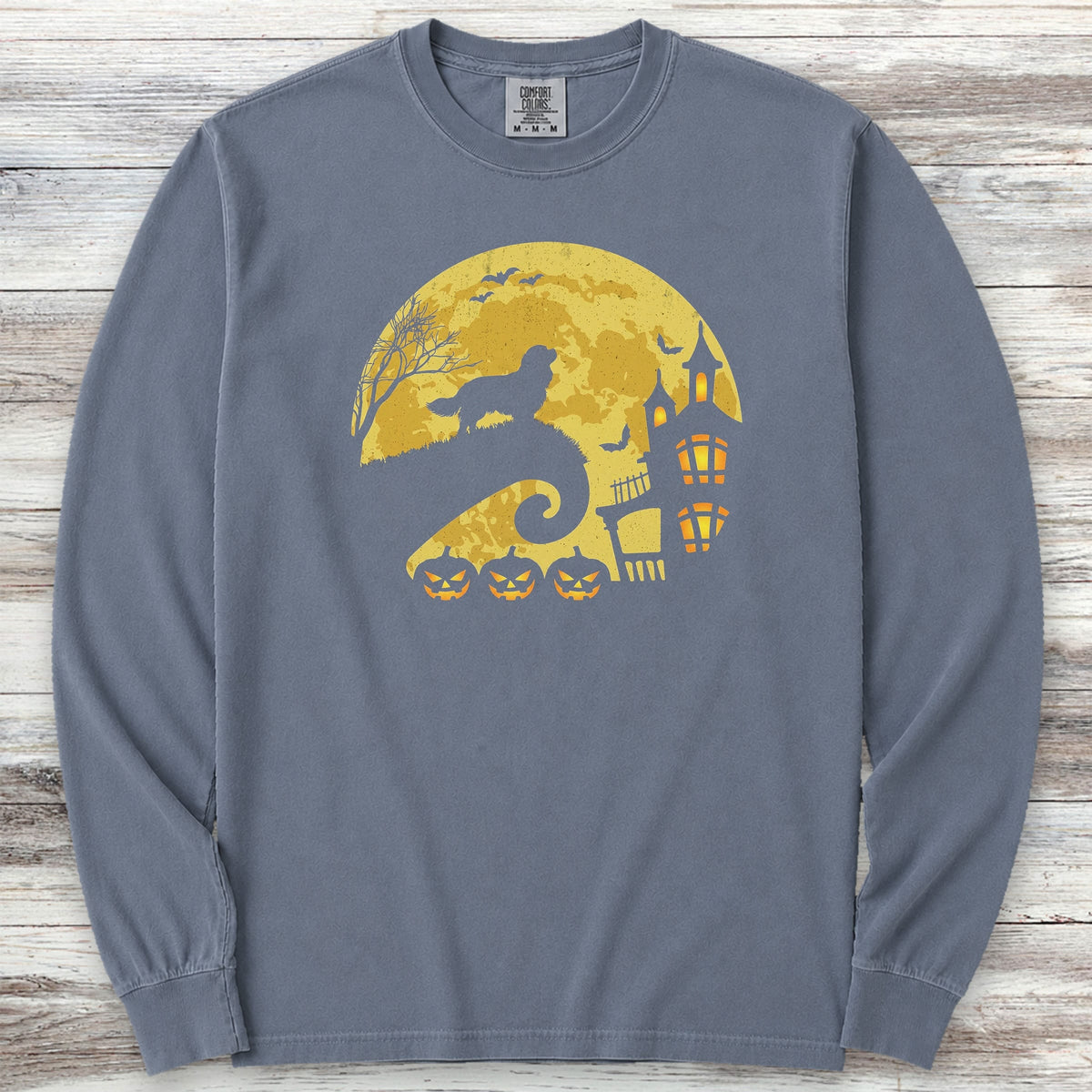 Cavalier King Charles Spaniel Halloween Moon Long Sleeve Tee - Blue Jean