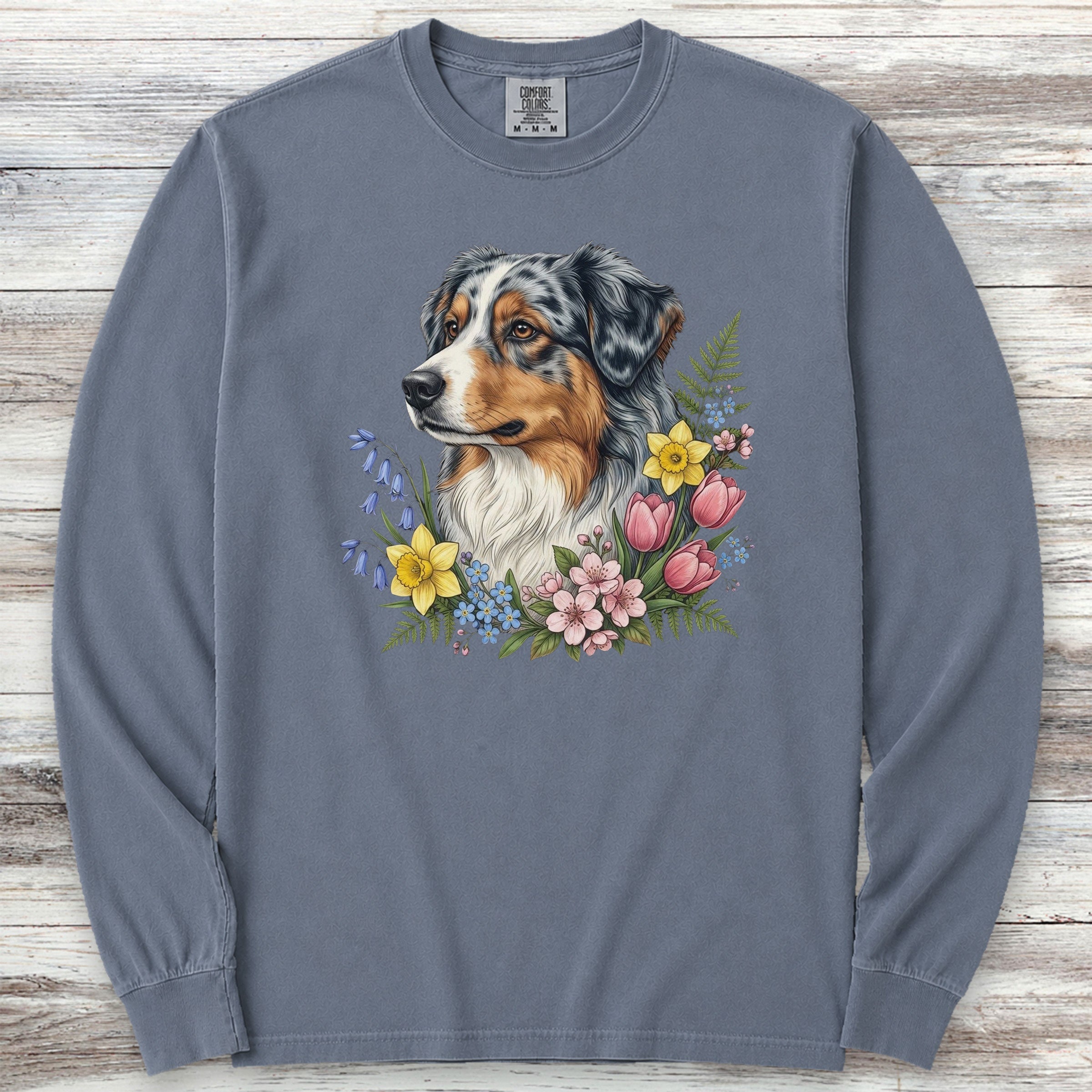 Australian Shepherd Spring Portrait Long Sleeve Tee - Blue Jean