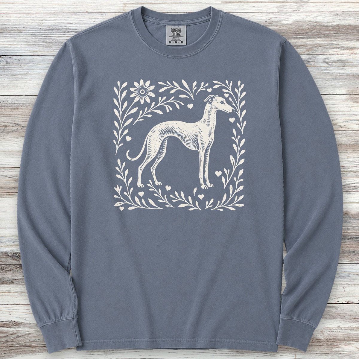 Whippet Linocut Long Sleeve Tee - Blue Jean