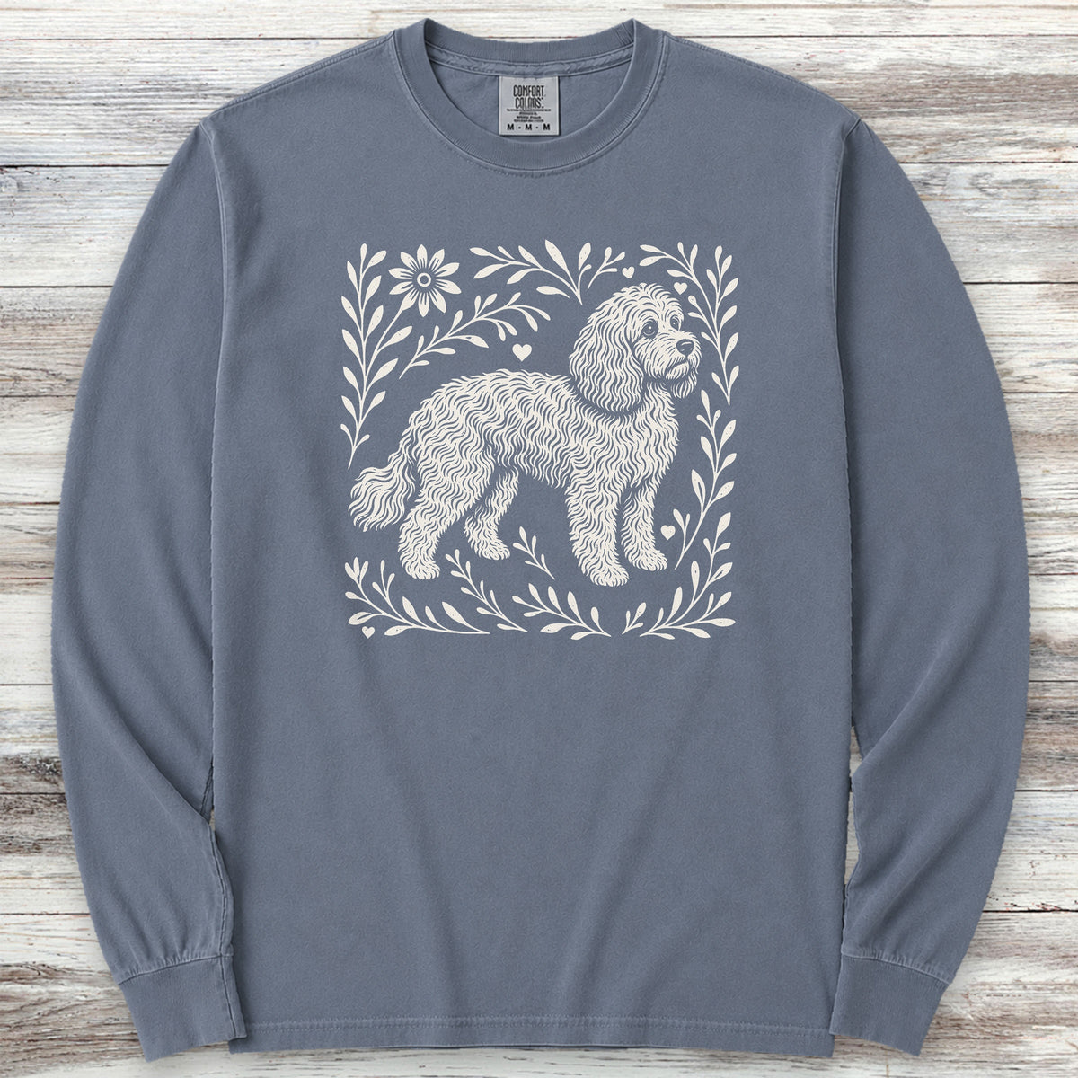 Cockapoo Linocut Long Sleeve Tee - Blue Jean