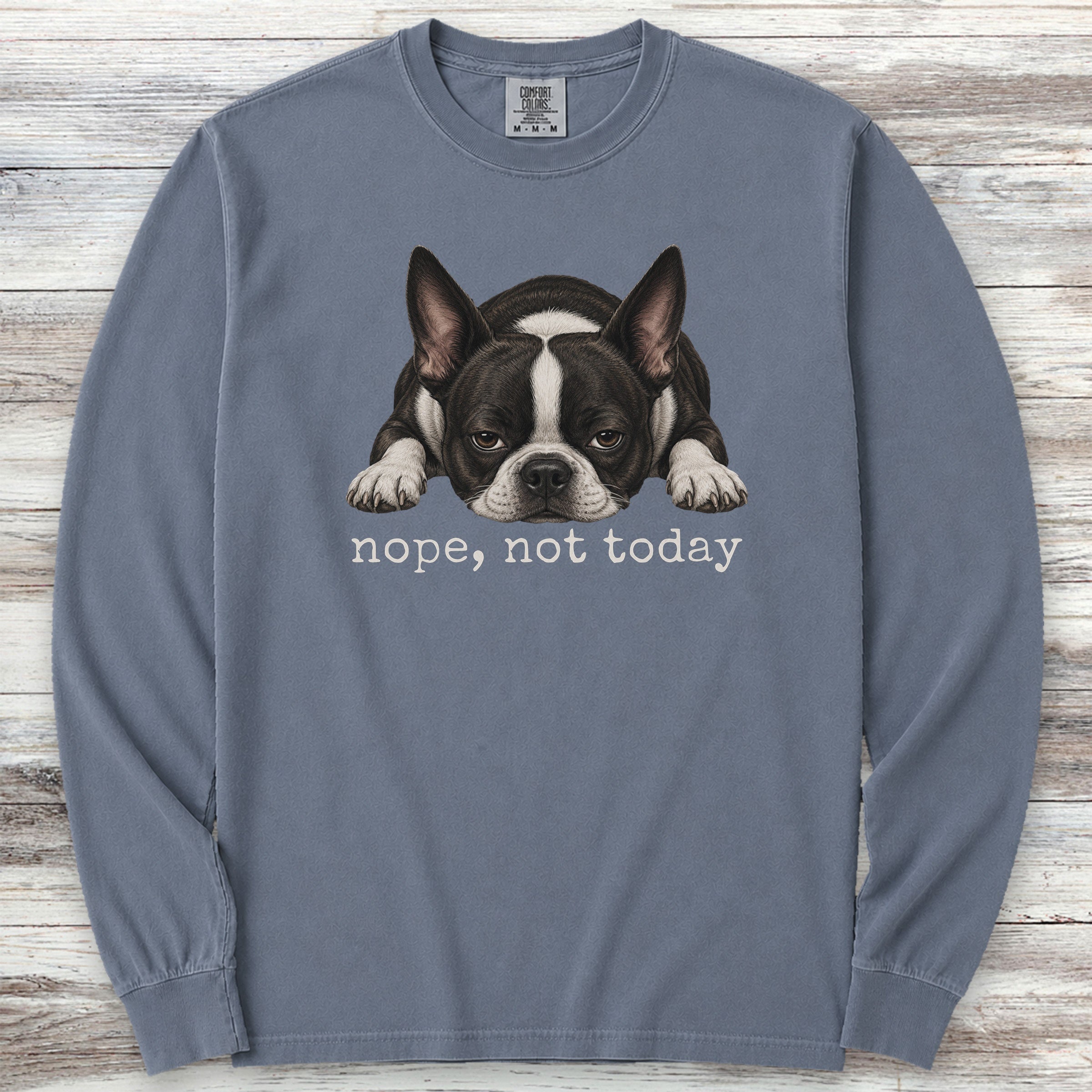 Boston Terrier Nope Long Sleeve Tee - Blue Jean