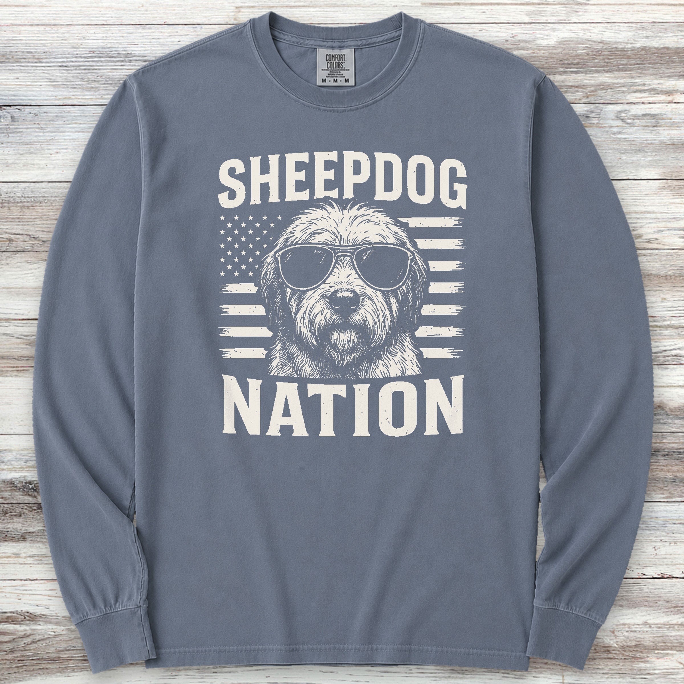 Old English Sheepdog Nation Long Sleeve Tee - Blue Jean