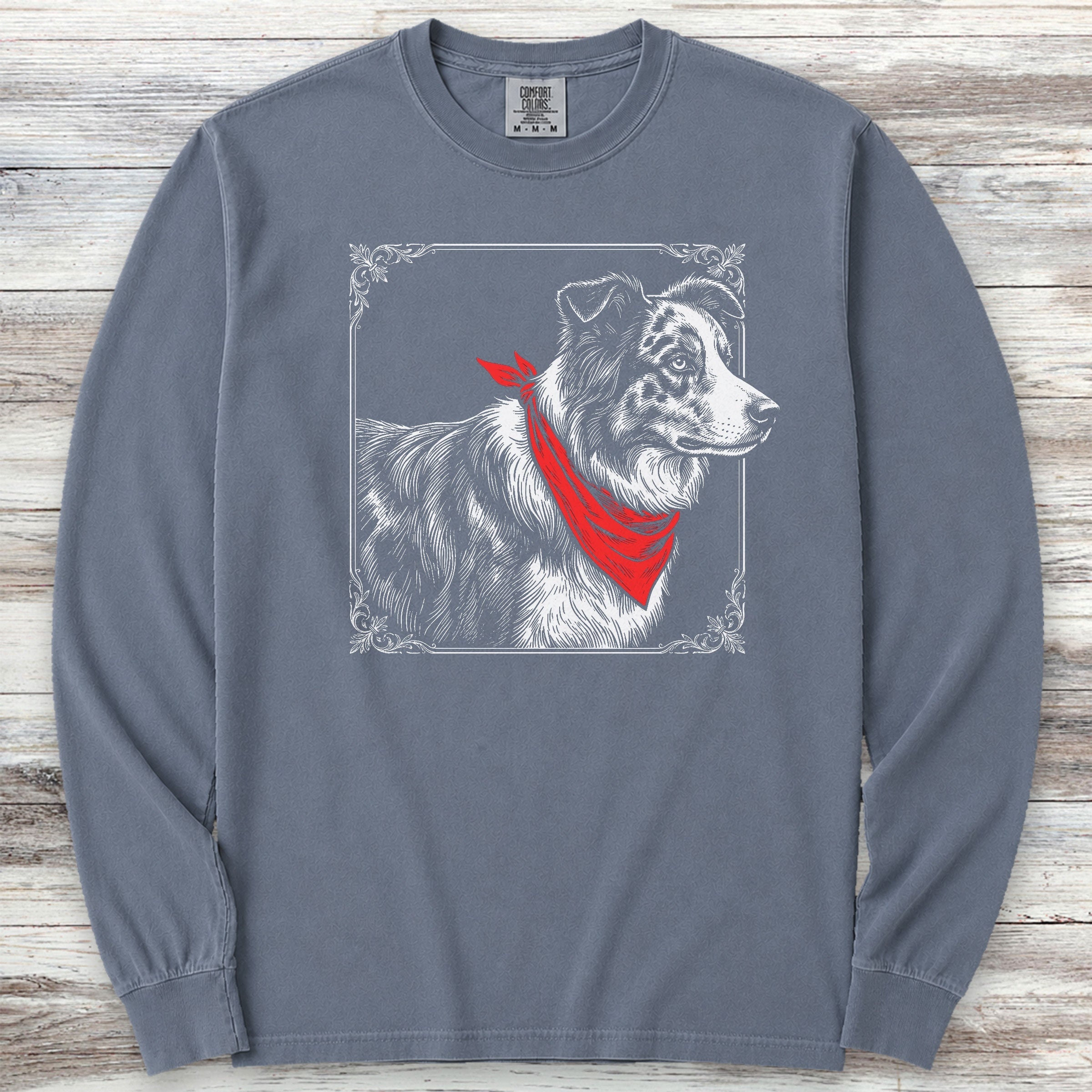 Australian Shepherd Etching Long Sleeve Tee - Blue Jean