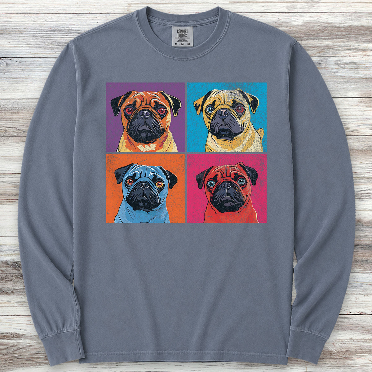 Pug Pop Art Long Sleeve Tee - Blue Jean