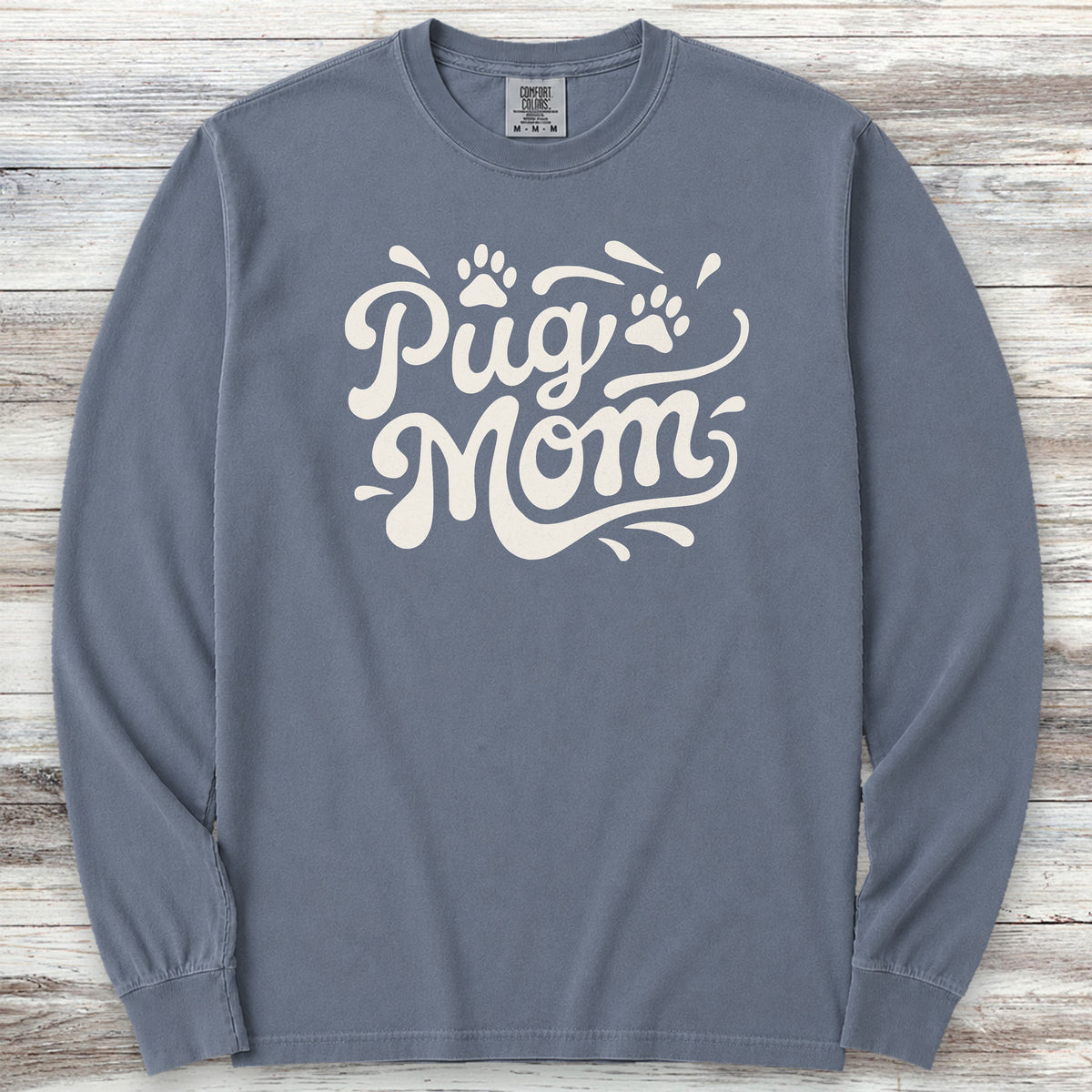 Pug Groovy Mom Long Sleeve Tee - Blue Jean