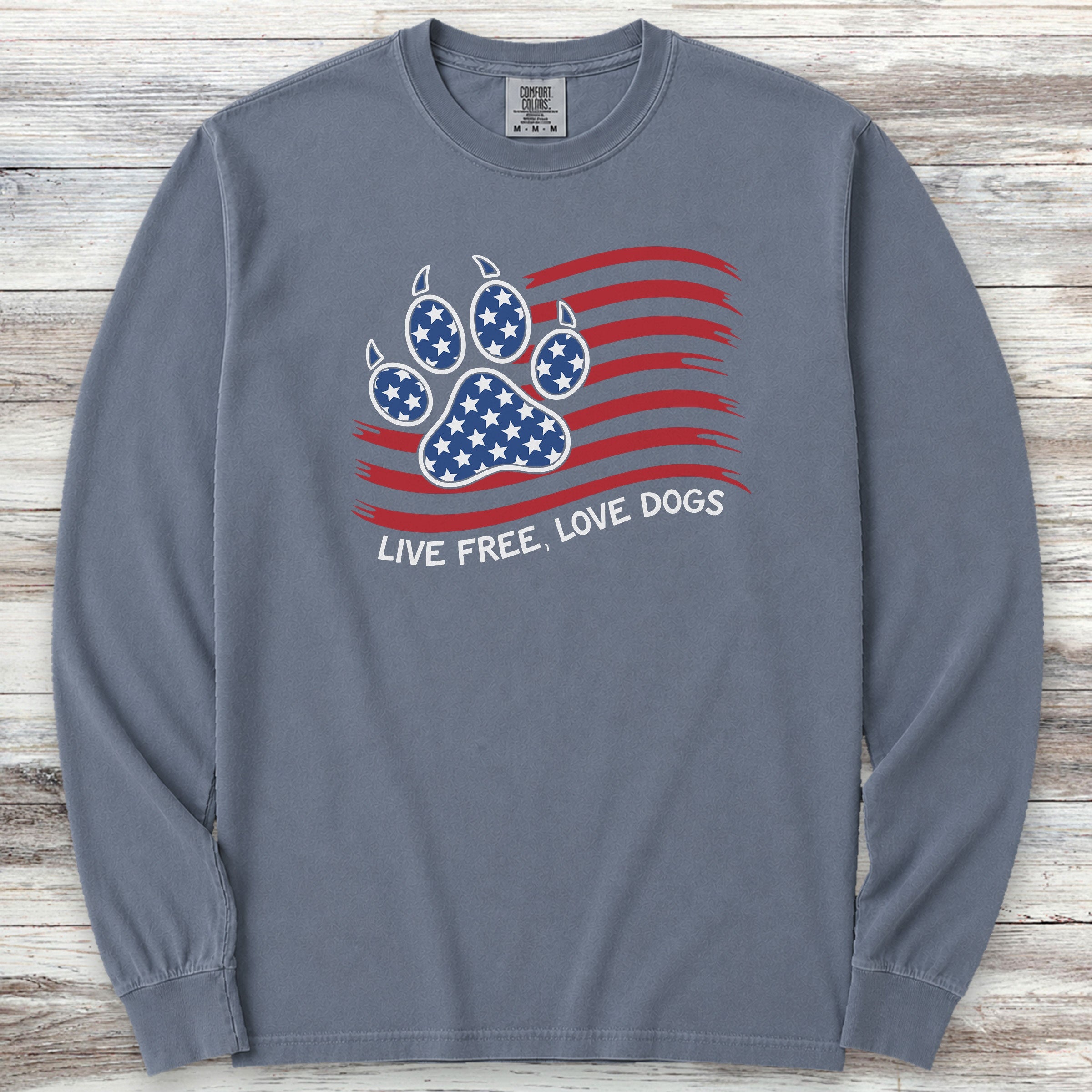 Live Free Love Dogs Flag Long Sleeve Tee - Blue Jean