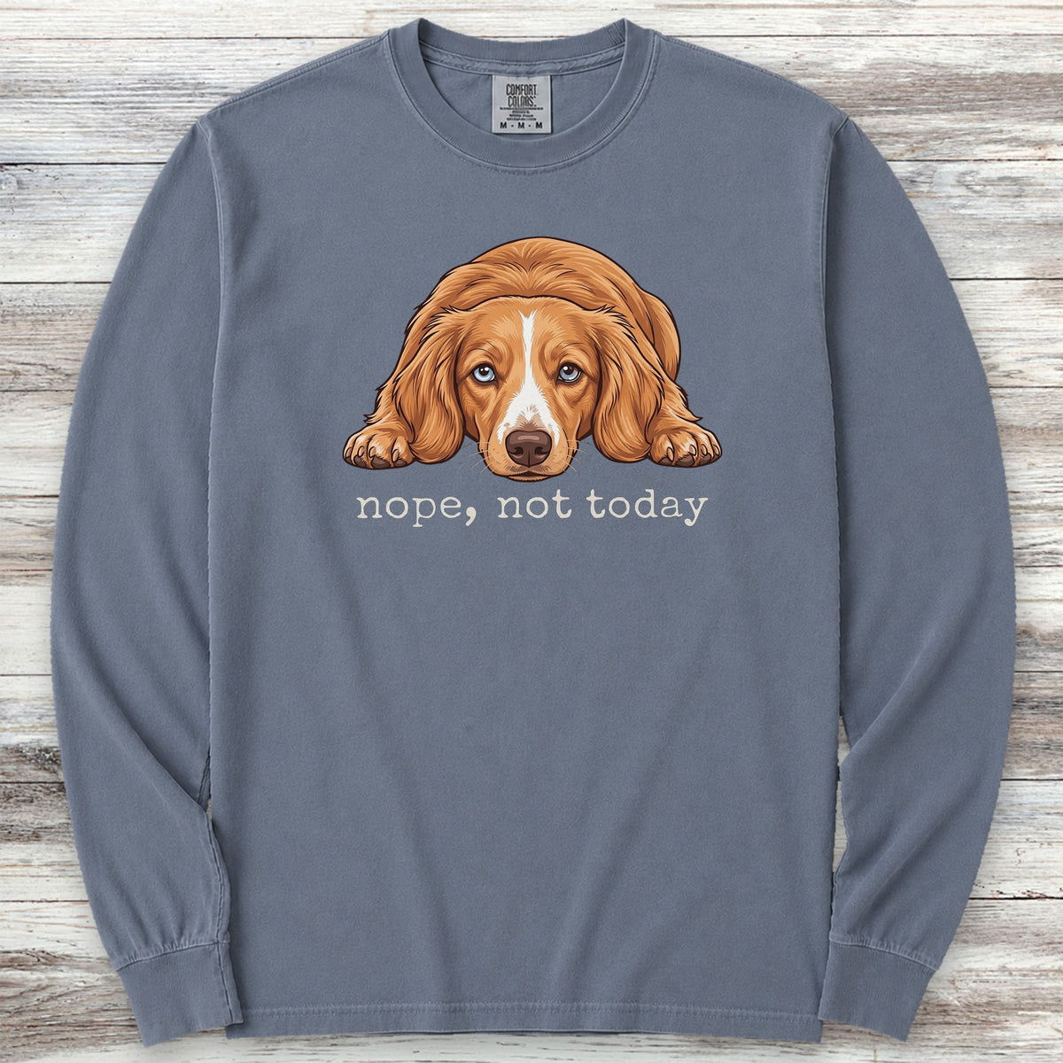 Dachshund Long Hair Red Piebald Nope Long Sleeve Tee - Blue Jean