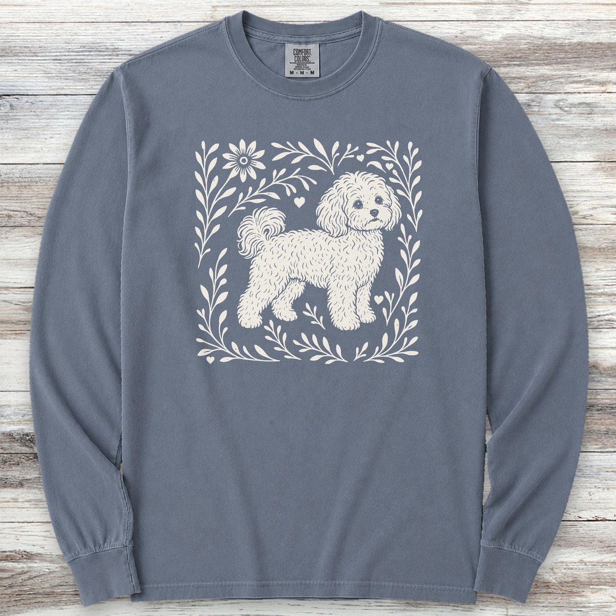 Maltipoo Linocut Long Sleeve Tee - Blue Jean