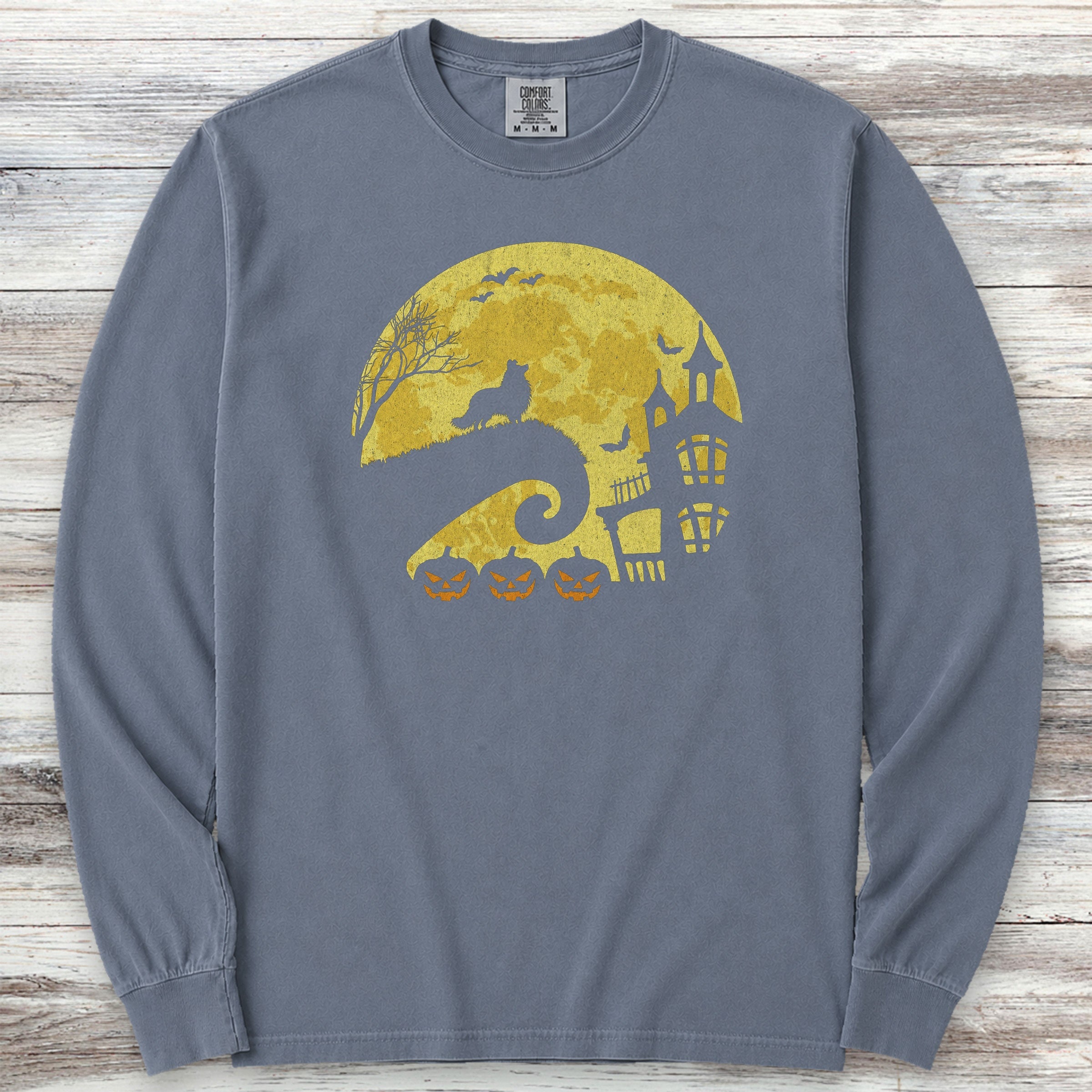 Shetland Sheepdog Halloween Moon Long Sleeve Tee - Blue Jean