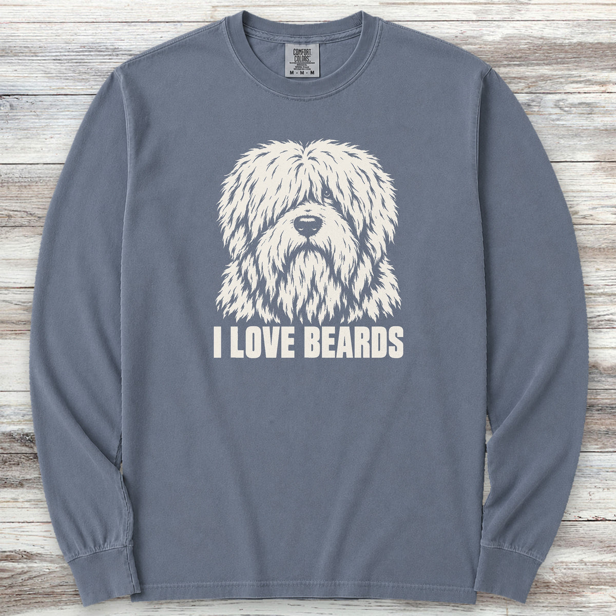 Old English Sheepdog I Love Beards Long Sleeve Tee - Blue Jean