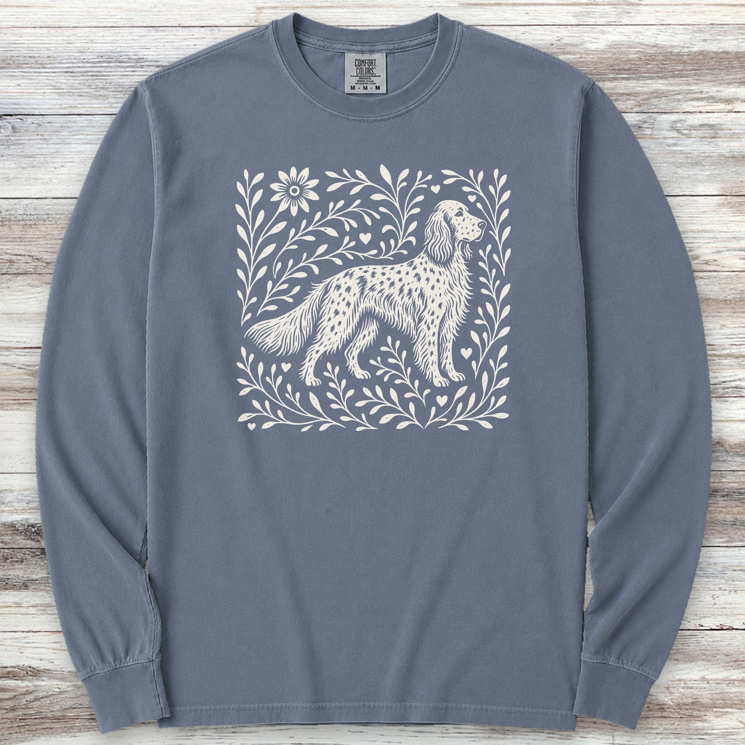 English Setter Linocut Long Sleeve Tee - Blue Jean