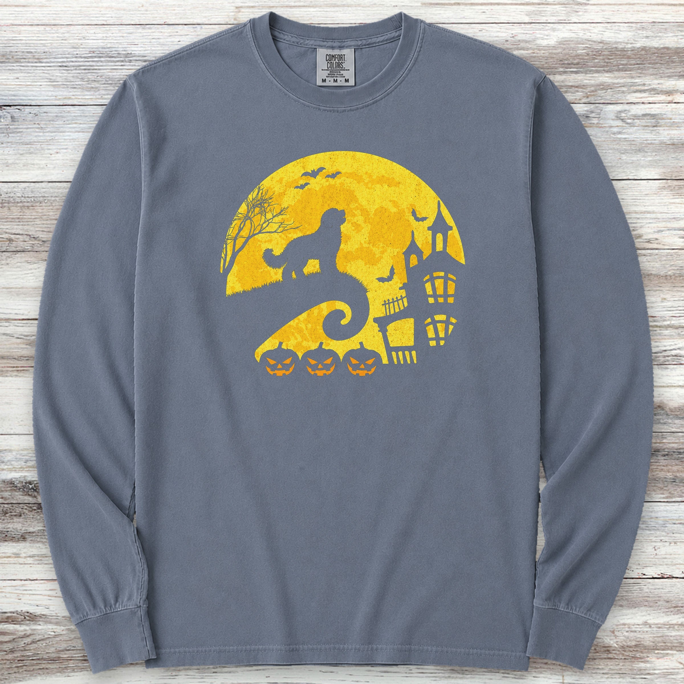 Bernedoodle Halloween Moon Long Sleeve Tee - Blue Jean