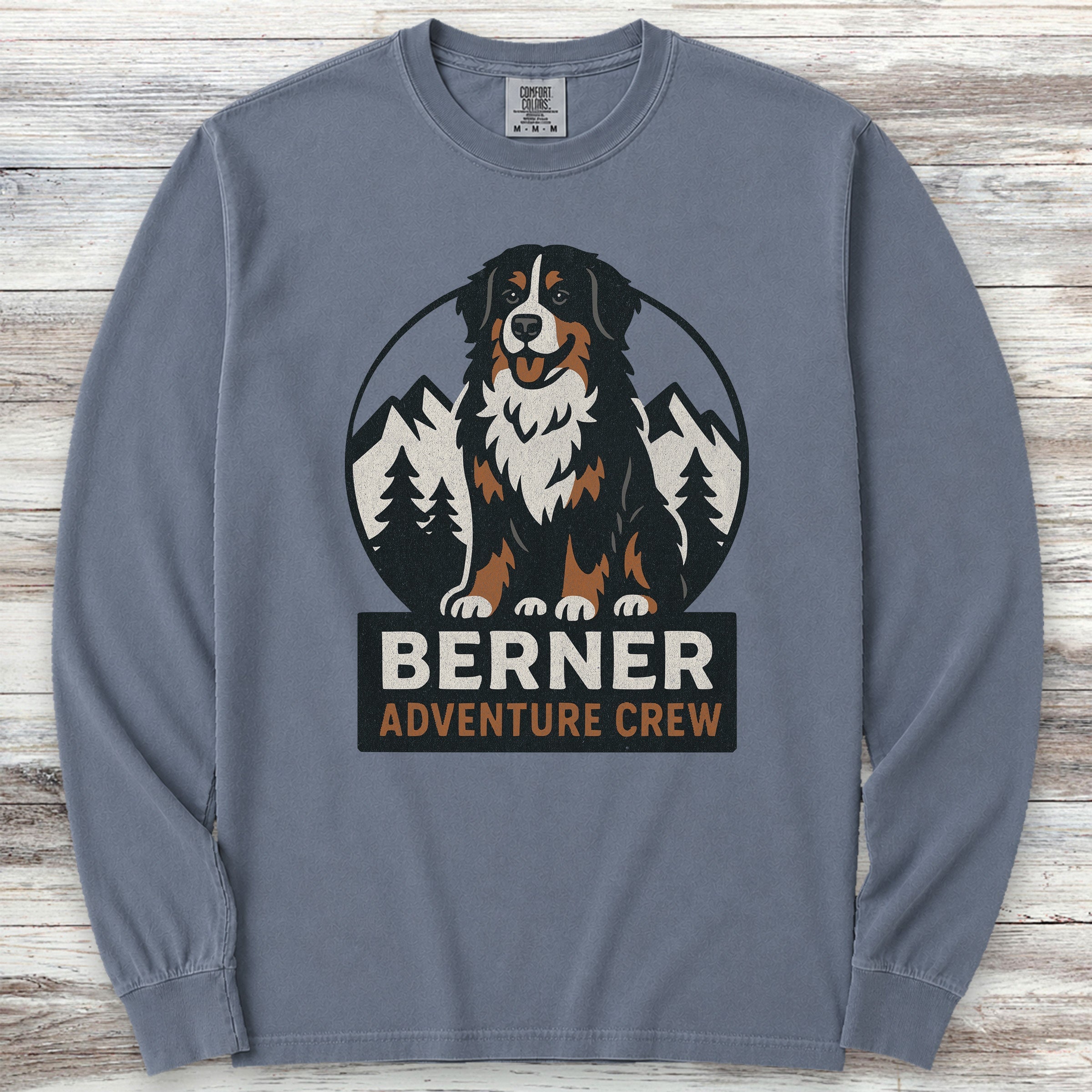 Bernese Mountain Dog Adventure Crew Long Sleeve Tee - Blue Jean
