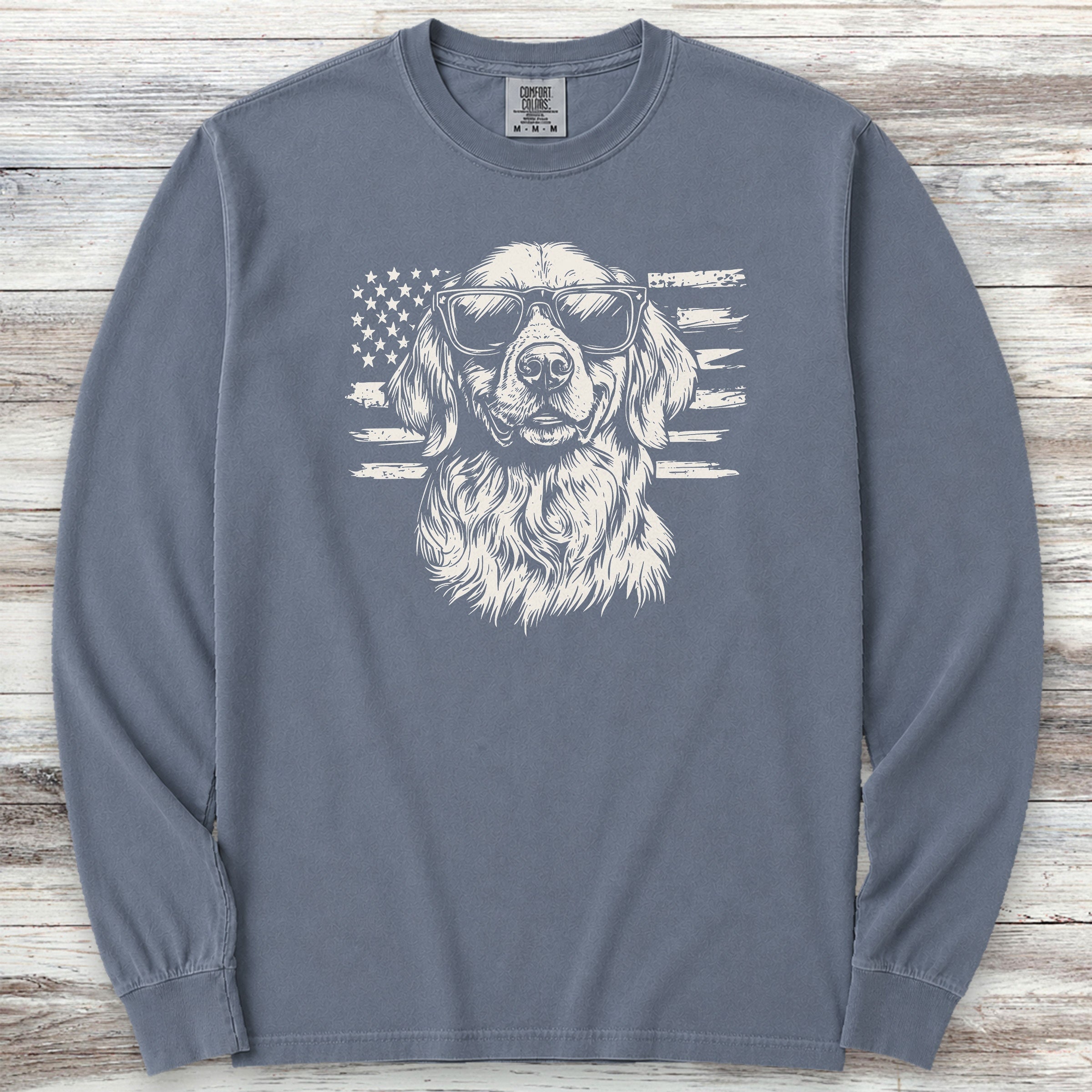 Golden Retriever Flag Long Sleeve Tee - Blue Jean