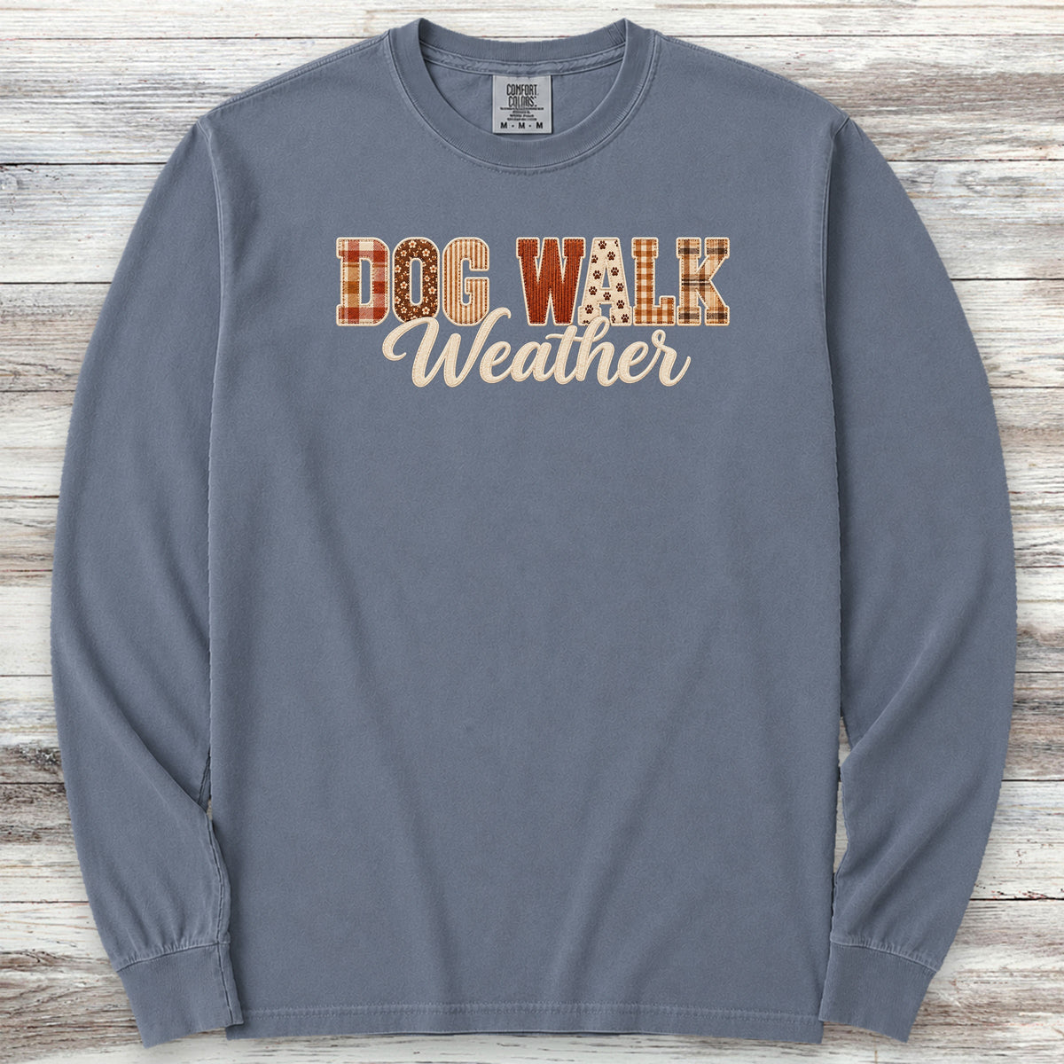 Dog Walk Weather Faux Patchwork Long Sleeve Tee - Blue Jean