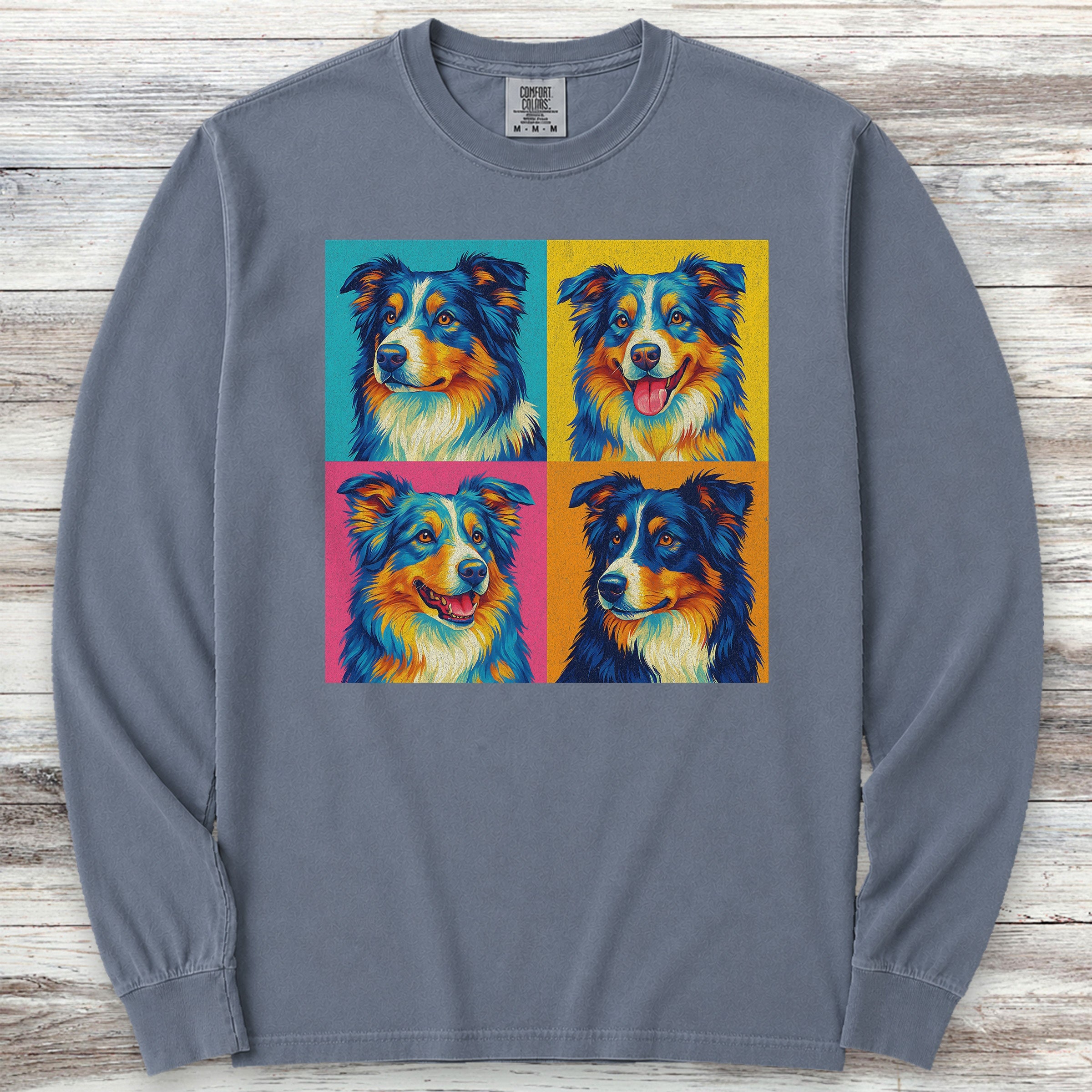 Australian Shepherd Pop Art Long Sleeve Tee - Blue Jean