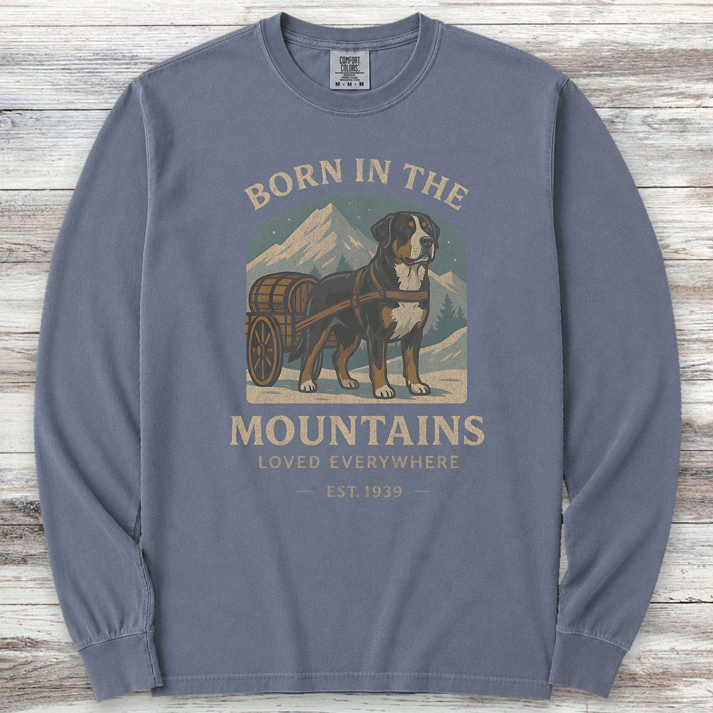 Swiss Mountain Dog Born Long Sleeve Tee - Blue Jean