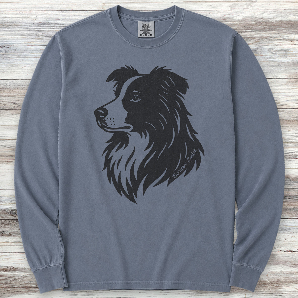 Border Collie Woodcut Portrait Long Sleeve Tee - Blue Jean