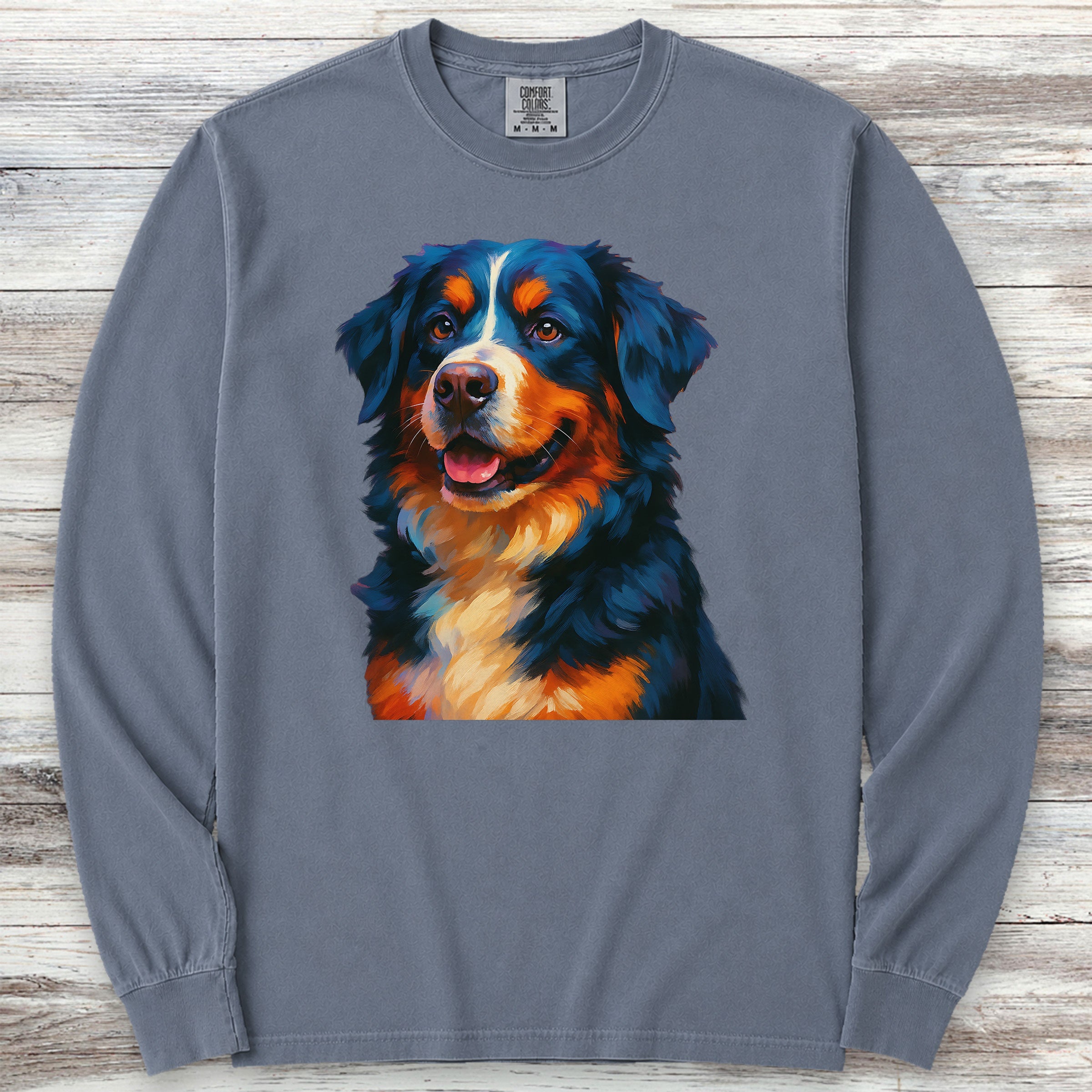 Bernese Mountain Dog Oil Painting Long Sleeve Tee - Blue Jean
