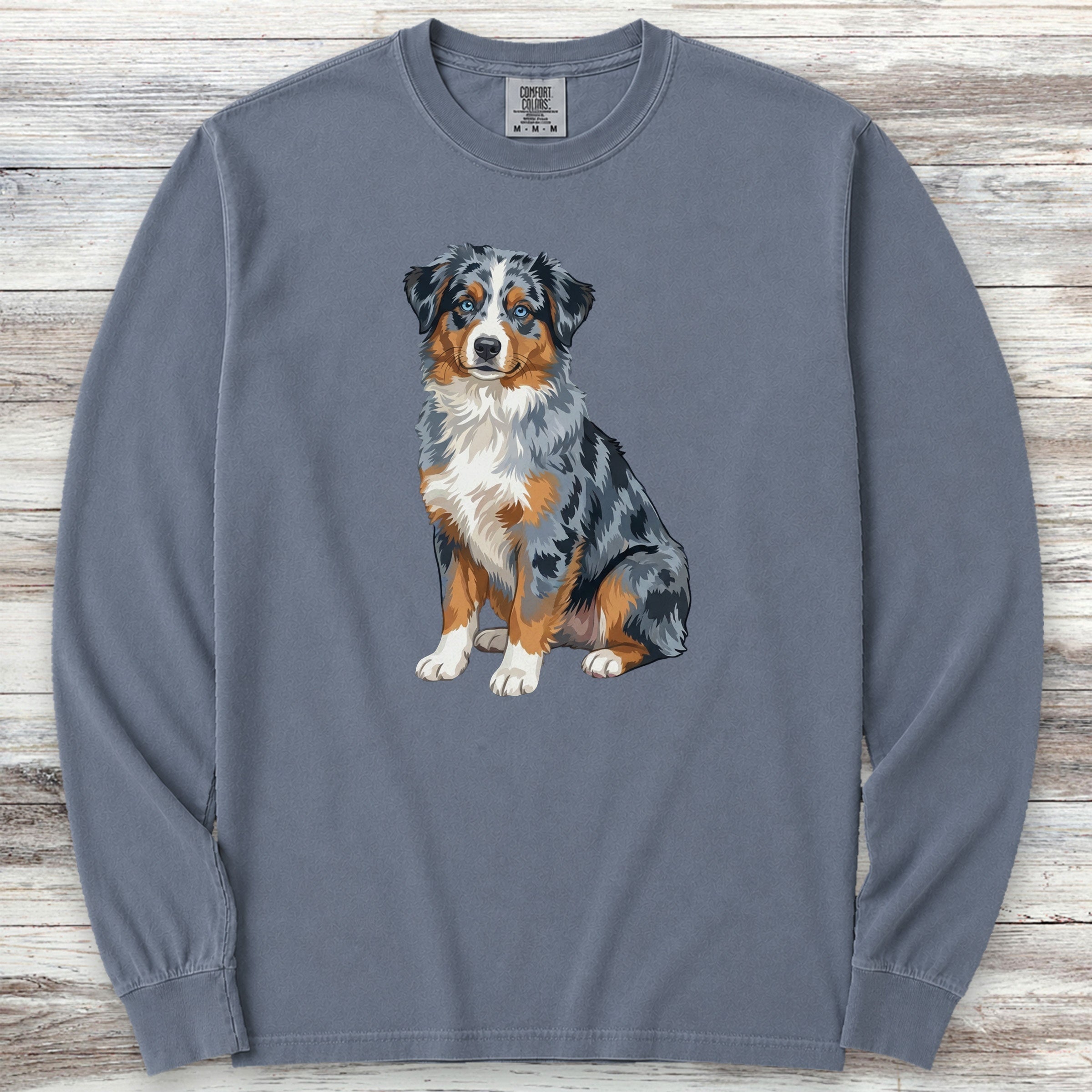 Australian Shepherd Merle Blue Eyes Watercolor Long Sleeve Tee - Blue Jean