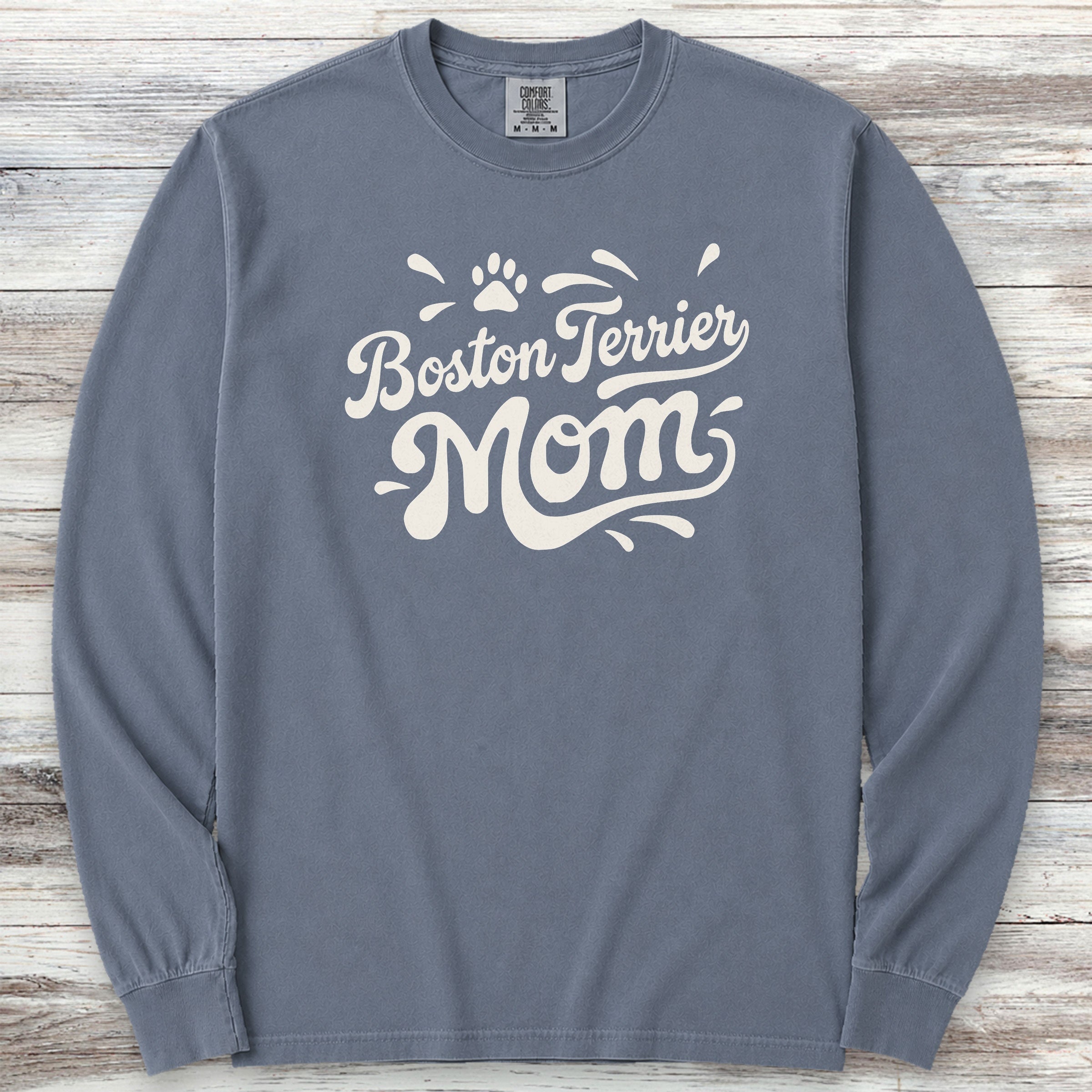 Boston Terrier Groovy Mom Long Sleeve Tee - Blue Jean