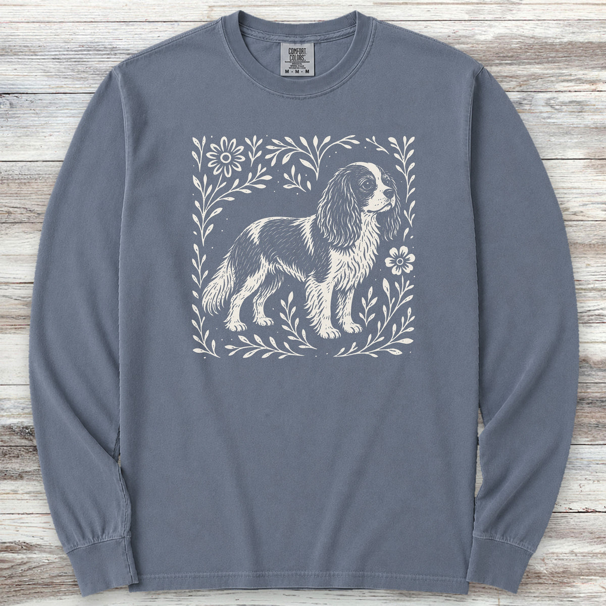 Cavalier King Charles Linocut Long Sleeve Tee - Blue Jean