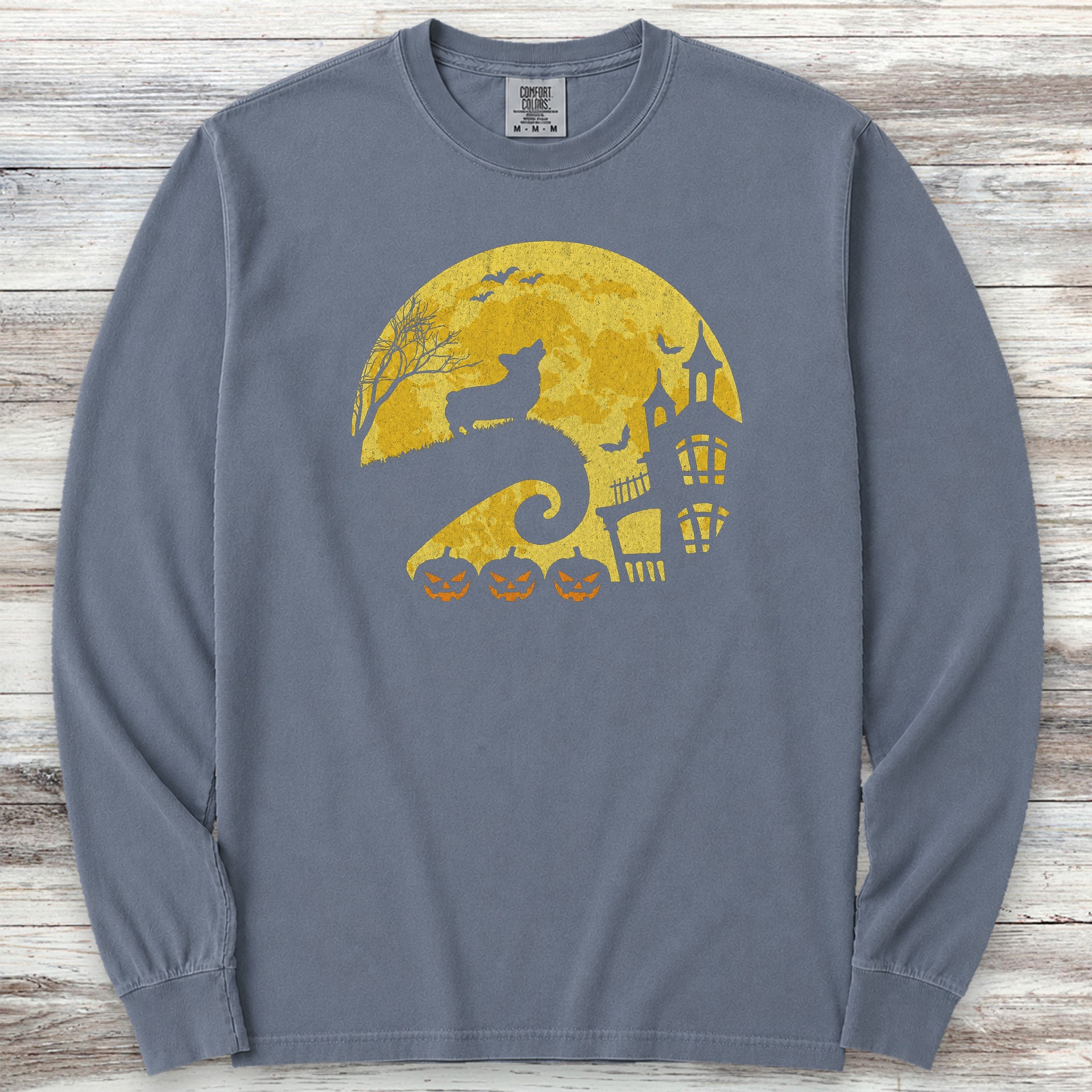 Corgi Halloween Moon Long Sleeve Tee - Blue Jean