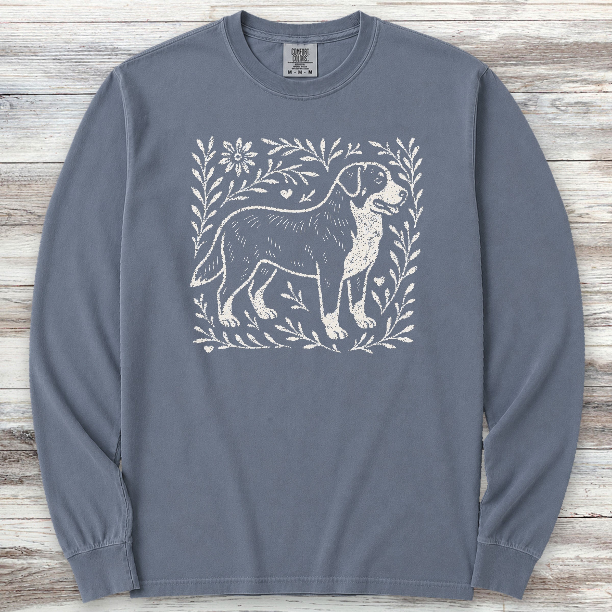 Swiss Mountain Dog Linocut Long Sleeve Tee - Blue Jean