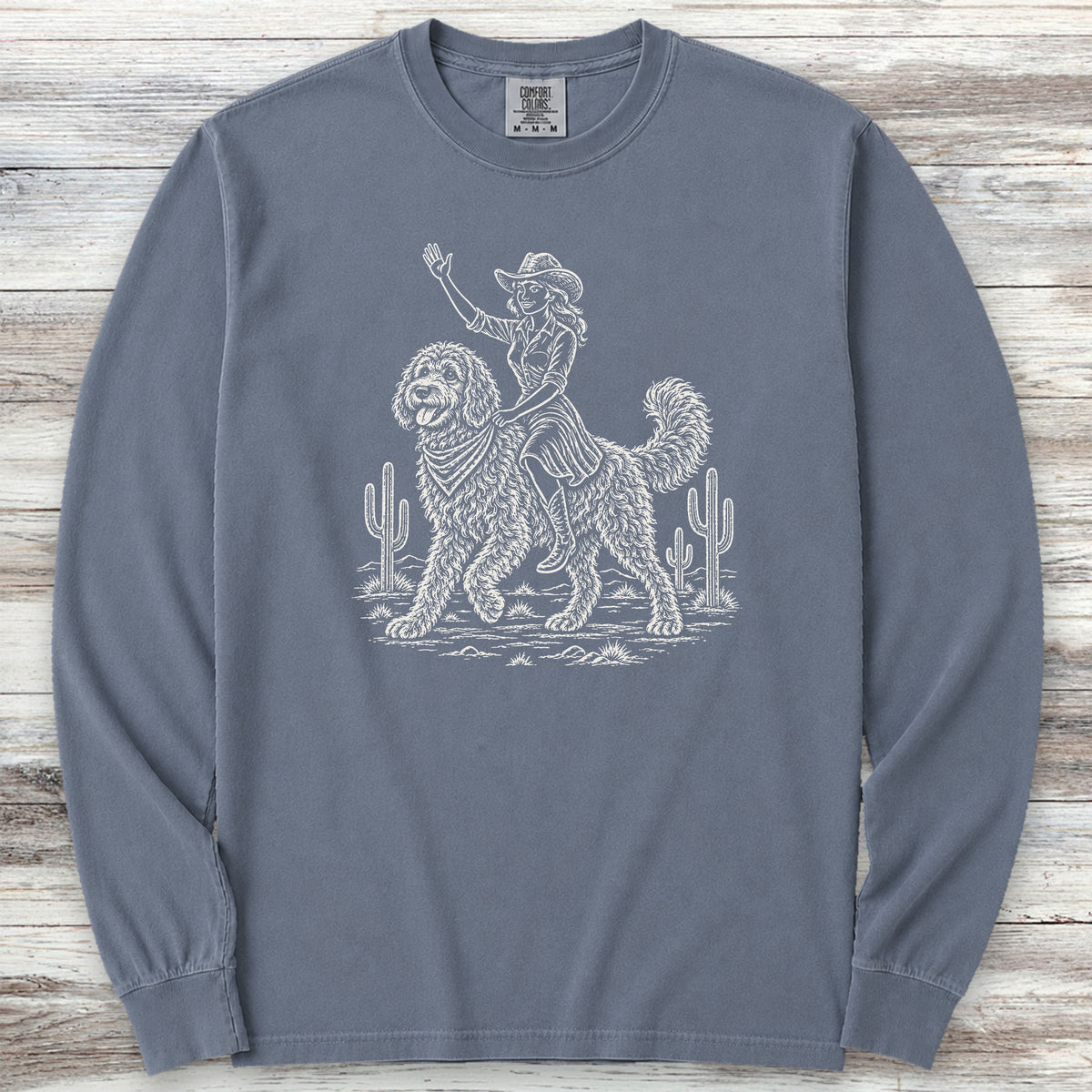 Doodle Cowgirl Long Sleeve Tee - Blue Jean
