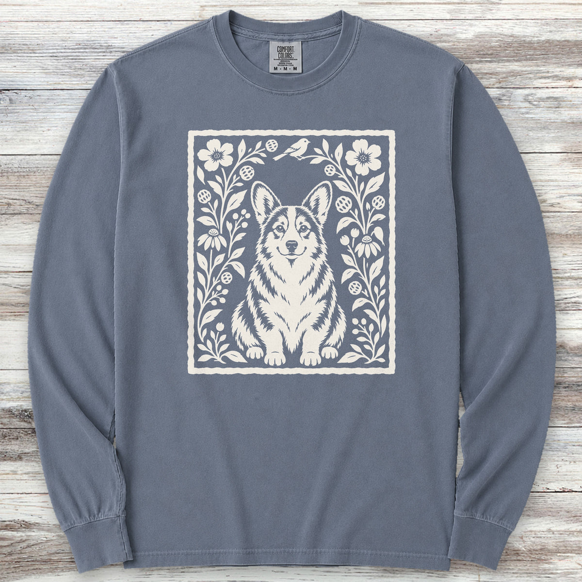 Corgi Folk Art Floral Long Sleeve Tee - Blue Jean