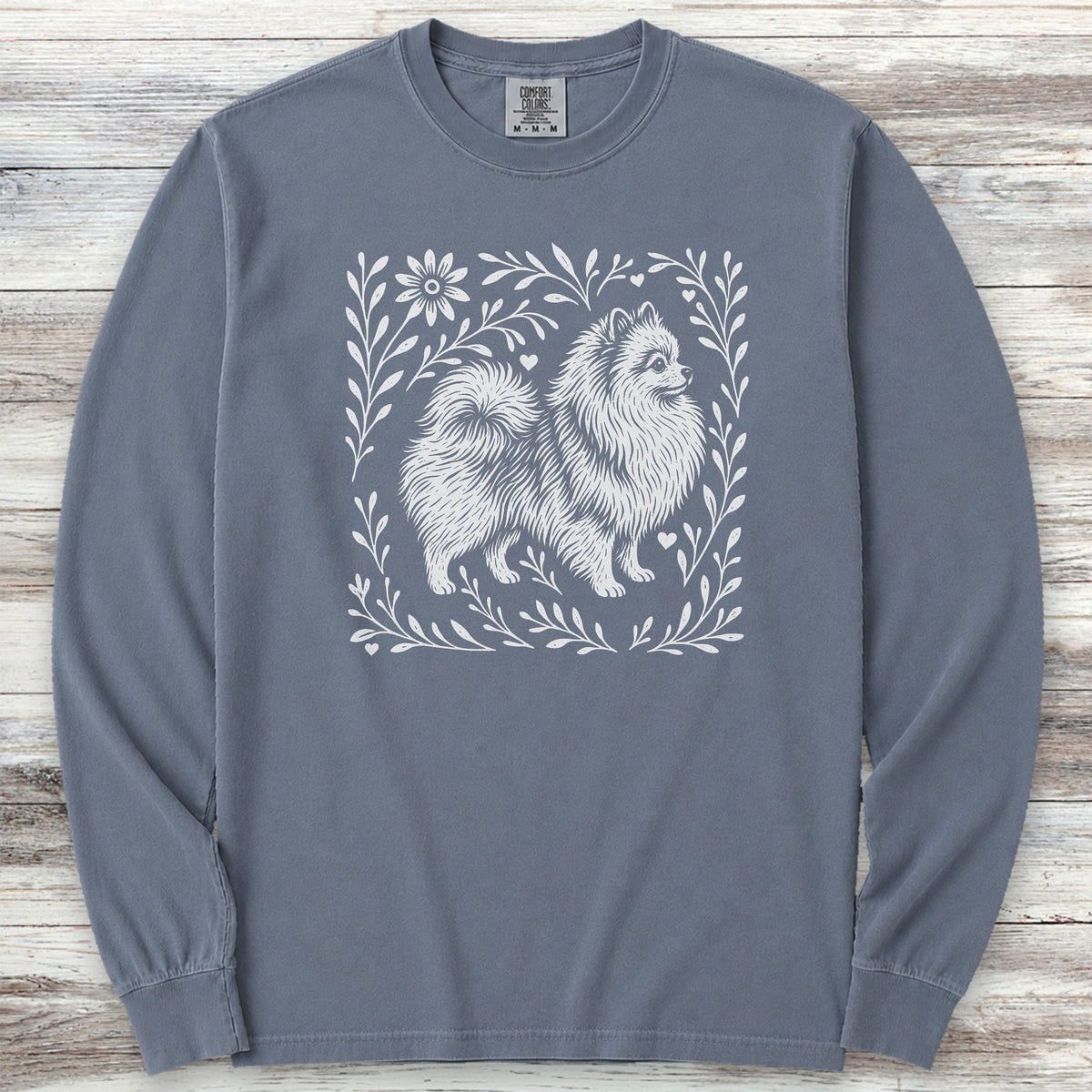 Pomeranian Linocut Long Sleeve Tee - Blue Jean